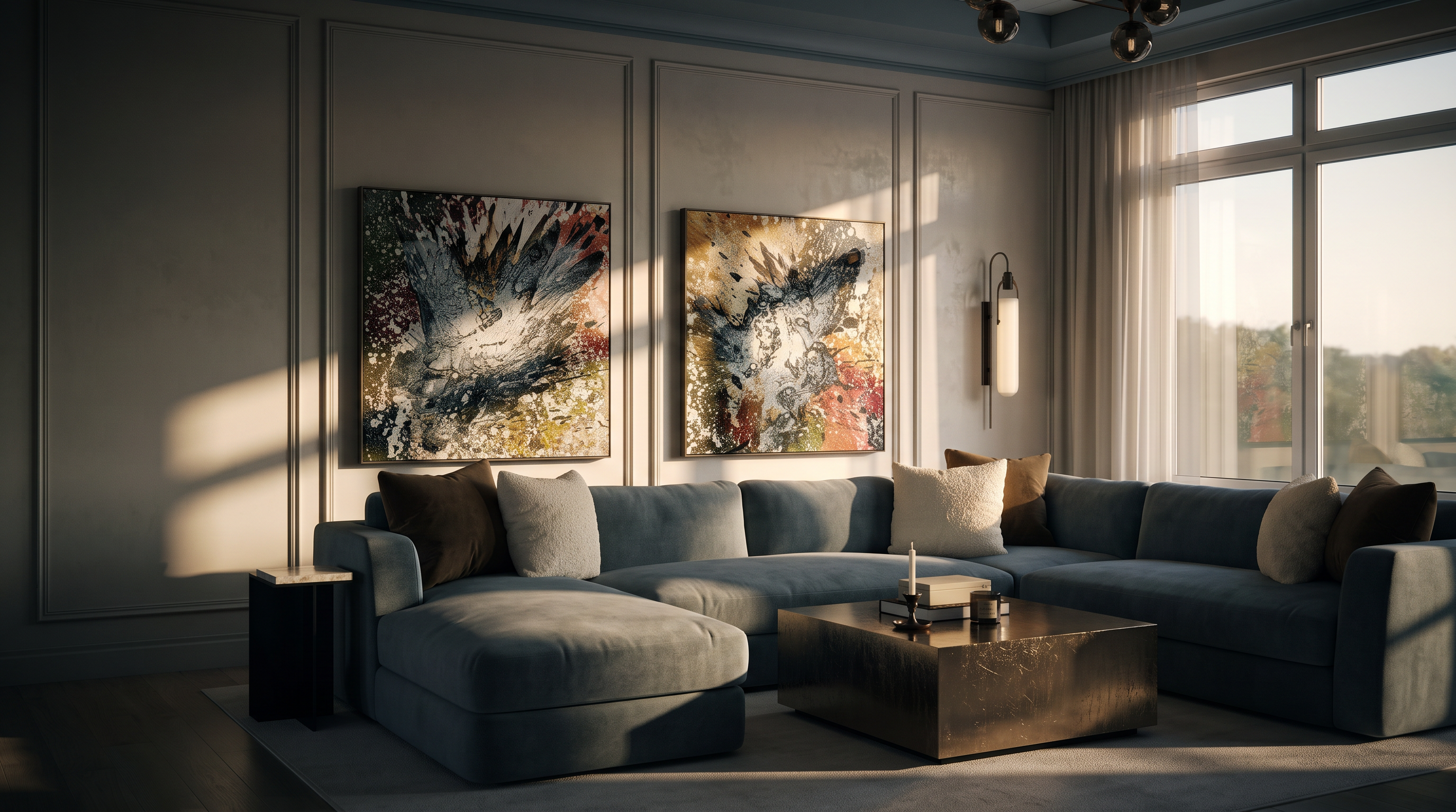 This sophisticated living room features a large, plush grey sectional sofa accented with neutral and earth-toned throw pillows. The walls are adorned with elegant molding and two large, abstract paintings that add a dynamic artistic focal point to the space. A modern chandelier with spherical glass globes hangs above, while a sleek side table and a low-profile coffee table complete the refined, contemporary aesthetic.