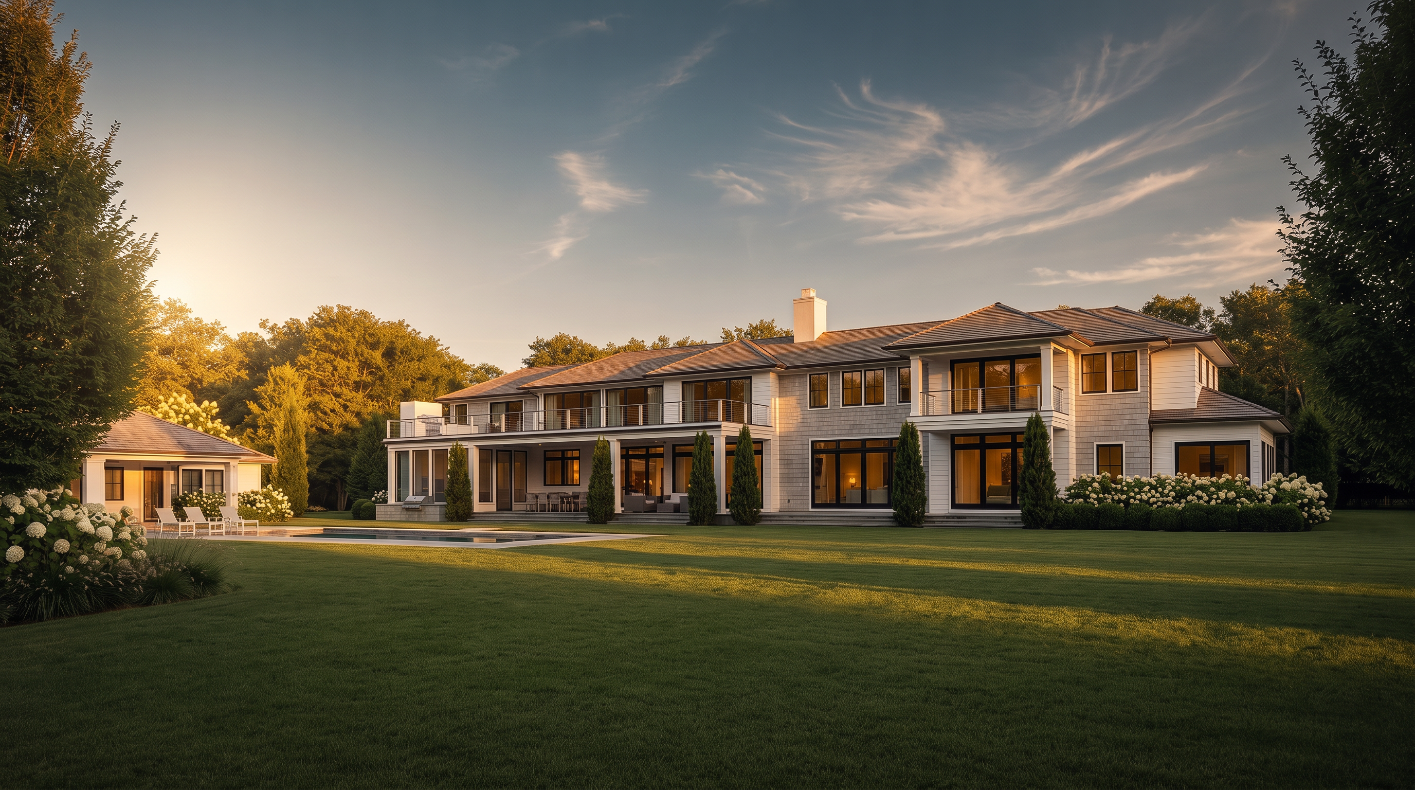 This expansive rear view of a luxury estate showcases a multi-level shingle-style residence with a symmetrical design and numerous large windows. A pristine, manicured lawn stretches out toward a rectangular swimming pool and a separate pool house, all framed by mature trees and lush landscaping. The warm, golden-hour lighting enhances the architectural details and creates an inviting, serene atmosphere.