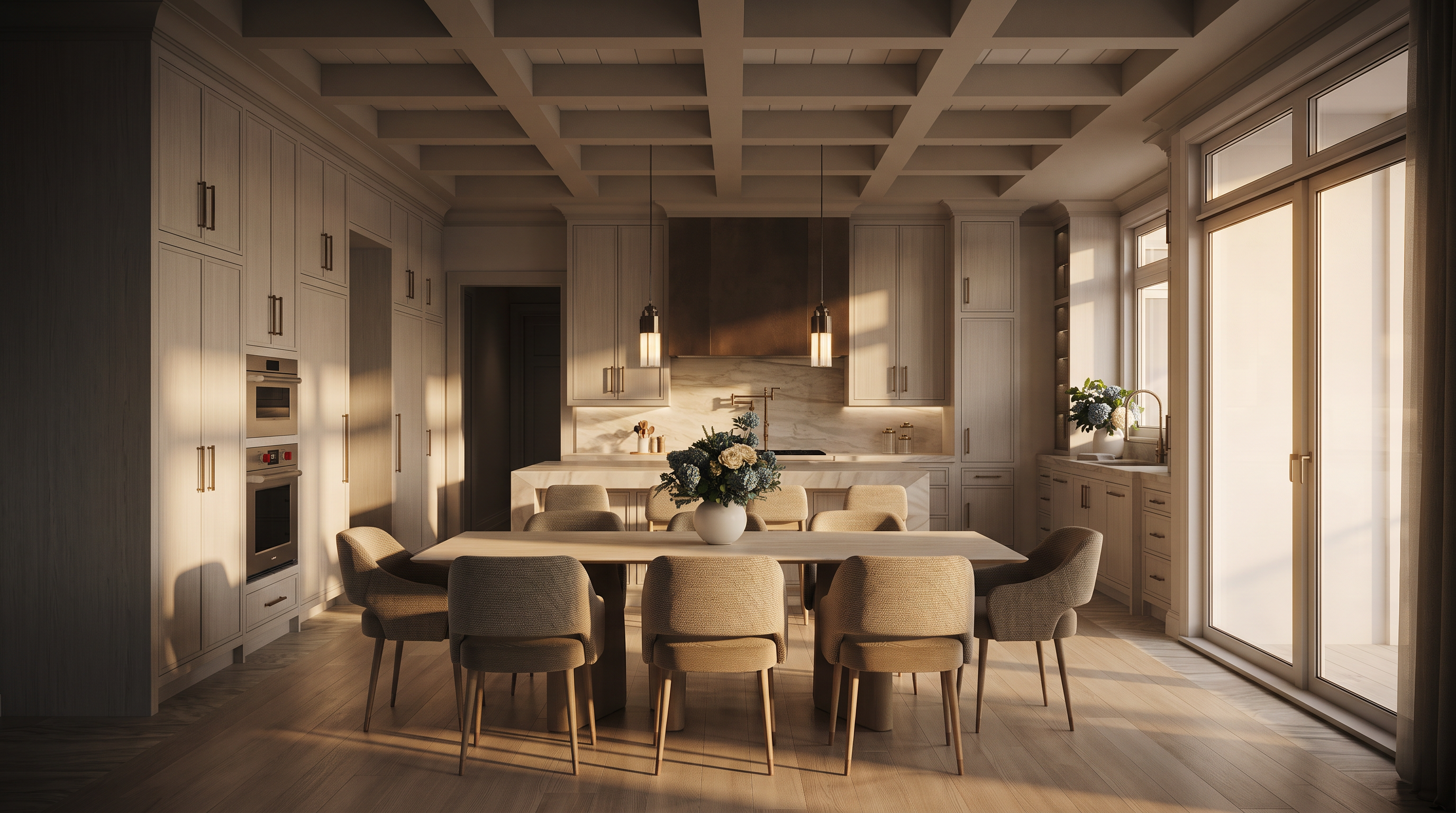 This sophisticated open-concept space seamlessly blends a dining area with a high-end kitchen, featuring a coffered ceiling and light wood flooring throughout. The kitchen is anchored by a large island and a prominent metallic range hood, complemented by light-toned cabinetry and integrated appliances. A dining table with six upholstered chairs sits in the foreground, creating an inviting atmosphere for entertaining in this bright, modern home.