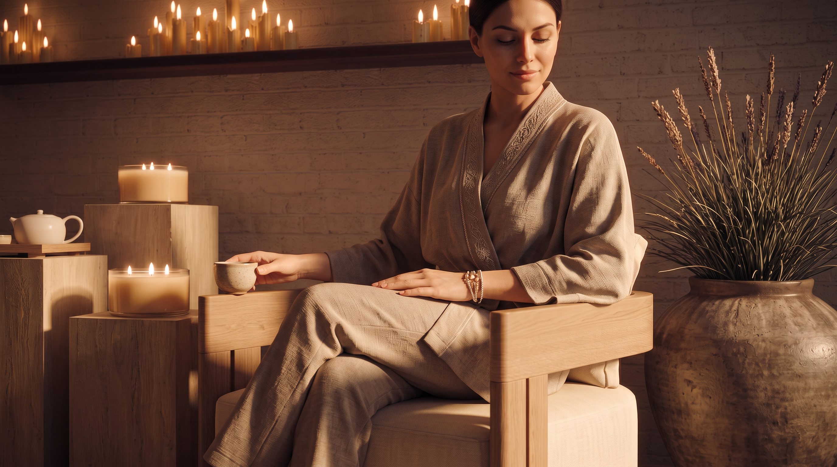 This serene lounge area features two light-toned armchairs arranged around tiered wooden pedestals, creating a tranquil seating nook. The space is defined by warm, ambient lighting from a wall-mounted multi-bulb fixture and a long shelf adorned with numerous lit candles, casting a soft glow against the textured brick wall. The minimalist design and earthy color palette evoke a spa-like atmosphere, perfect for relaxation.
