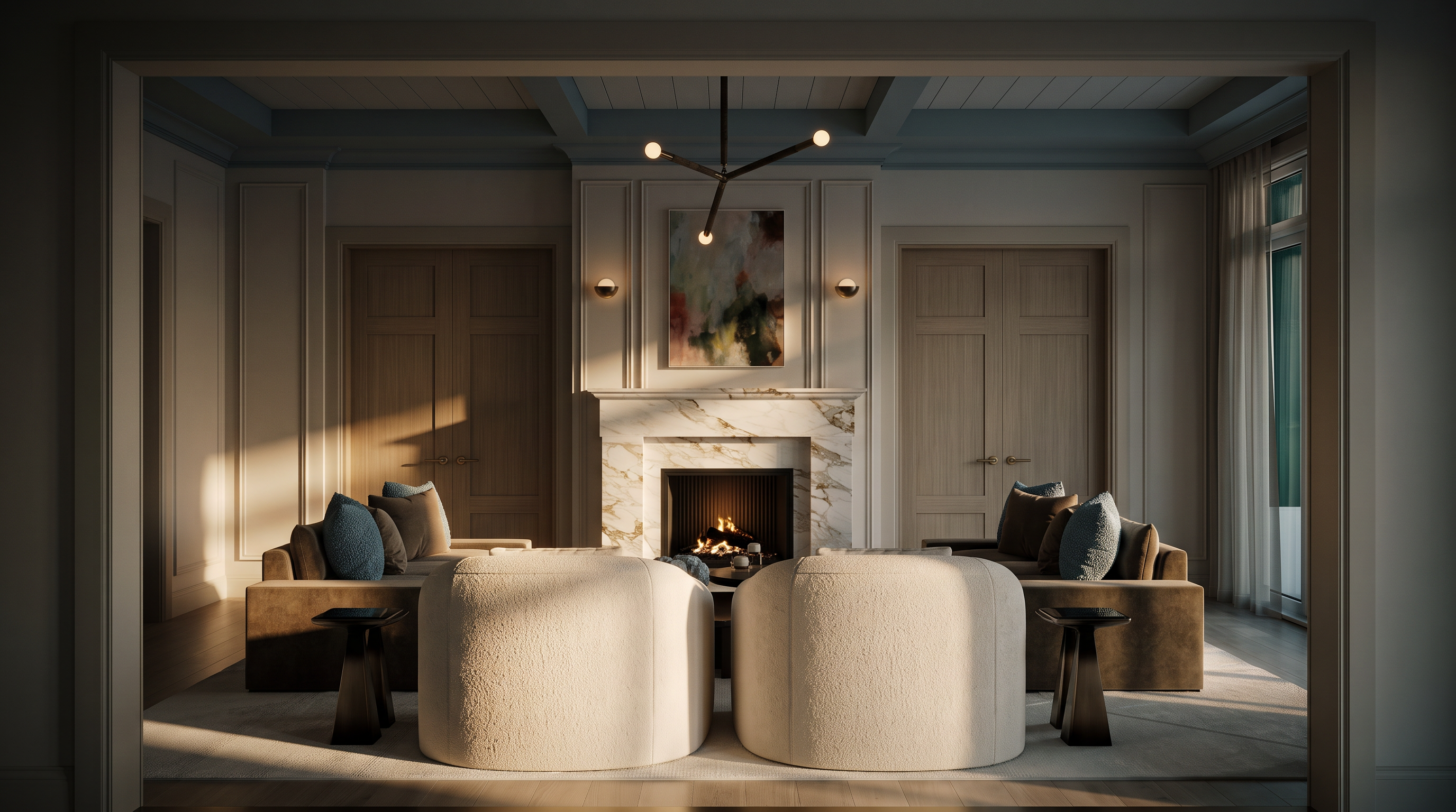 This elegant living room features a symmetrical layout centered around a fireplace with a prominent stone-clad chimney breast. Two plush, light-toned armchairs face a pair of velvet sofas, creating a sophisticated and balanced seating arrangement. The room is framed by light wood double doors on either side and accented by a modern geometric chandelier, offering a refined and tranquil atmosphere.