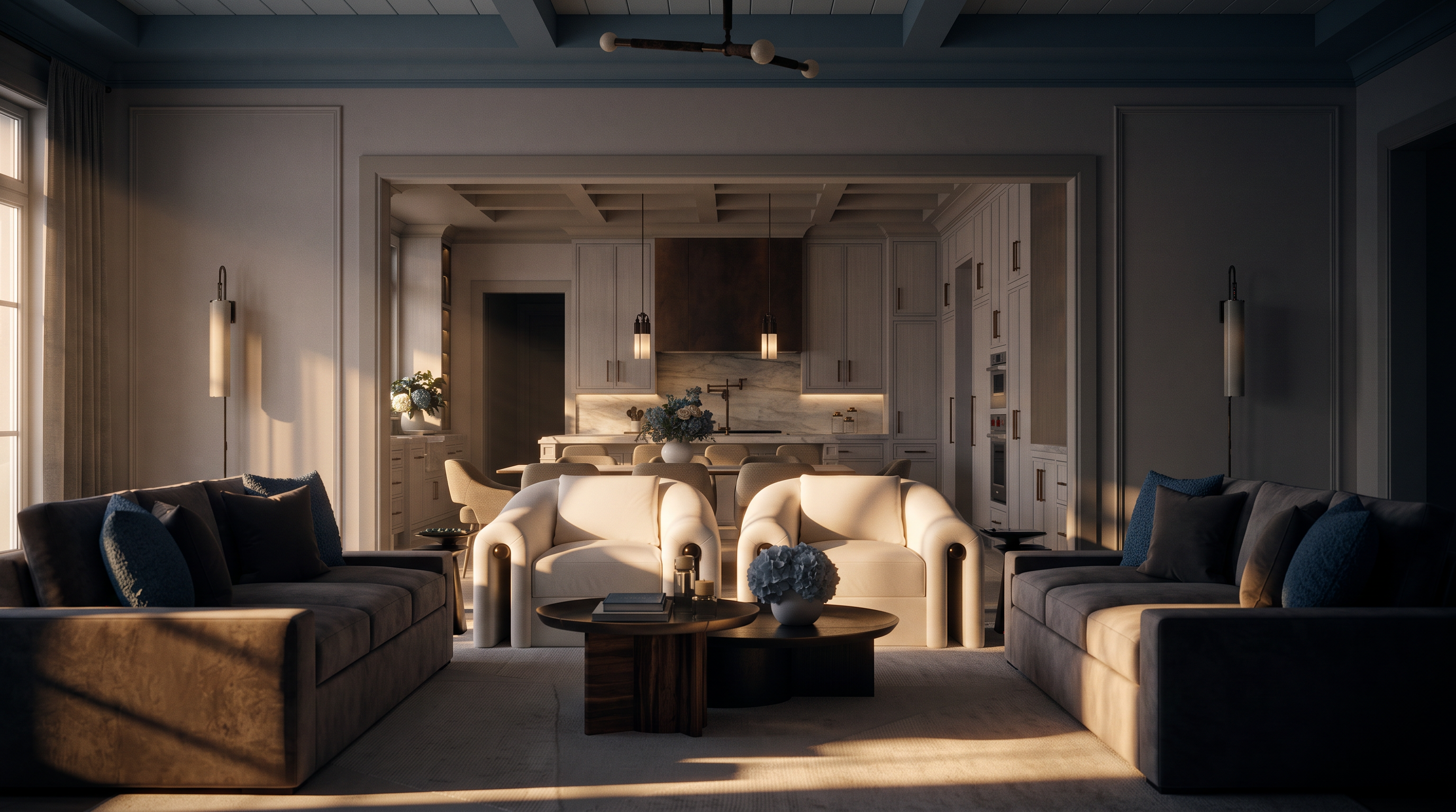 This elegant, open-concept living area features a sophisticated neutral palette with plush cream-colored armchairs and soft-toned sofas arranged around a layered, circular wood coffee table. The space flows seamlessly into a bright, well-appointed kitchen visible through a wide architectural opening, highlighting a cohesive design with coffered ceilings and modern pendant lighting. The perspective is centered and symmetrical, emphasizing the luxurious, airy atmosphere and high-end finishes throughout the home.