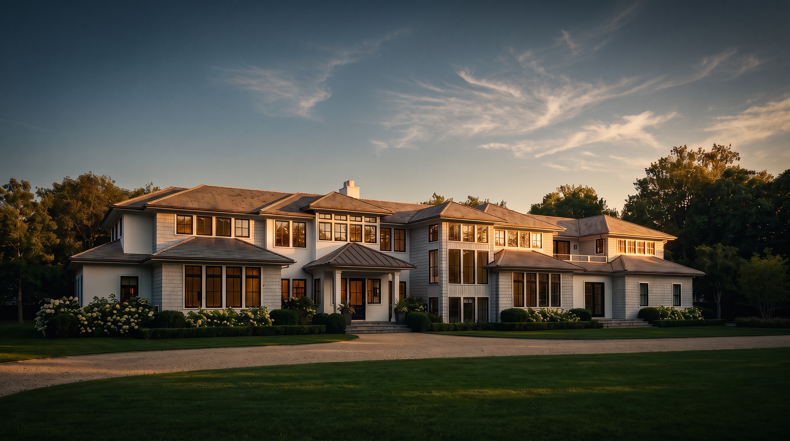 This expansive, multi-story luxury residence features a classic shingle-style aesthetic with a light-colored facade and dark-framed windows. The home is set back from a wide, manicured lawn and a sweeping gravel driveway, framed by lush green trees and neatly trimmed landscaping. The cinematic perspective captures the grand scale of the architecture under a clear blue sky, emphasizing the home's symmetrical design and elegant curb appeal.