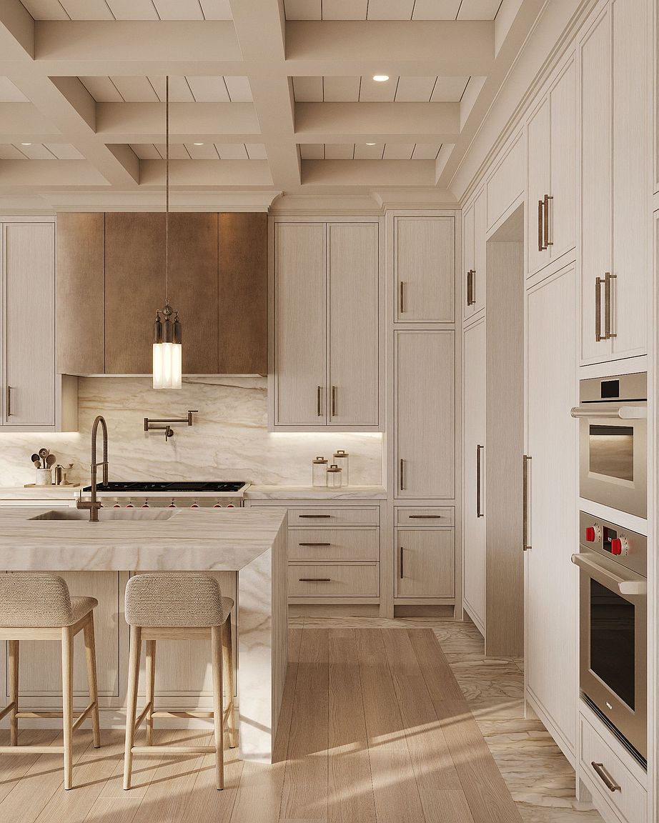 This sophisticated, high-end kitchen features light wood cabinetry, a large stone-topped island with bar seating, and a prominent metallic range hood. The space is defined by a coffered ceiling and integrated appliances, including a built-in wall oven and microwave. The perspective is a straight-on, eye-level shot that highlights the seamless blend of natural stone textures and warm wood tones.