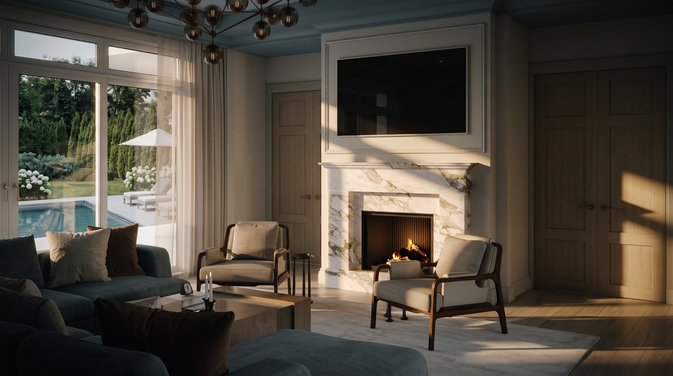 This sophisticated living room features a prominent stone-clad fireplace surround that serves as the focal point, topped by a wall-mounted television. The space is furnished with two modern armchairs and a plush sofa, arranged around a light wood coffee table, all set against a neutral color palette. Large windows with sheer curtains allow natural light to flood the room, offering a view of the outdoor patio and pool area.