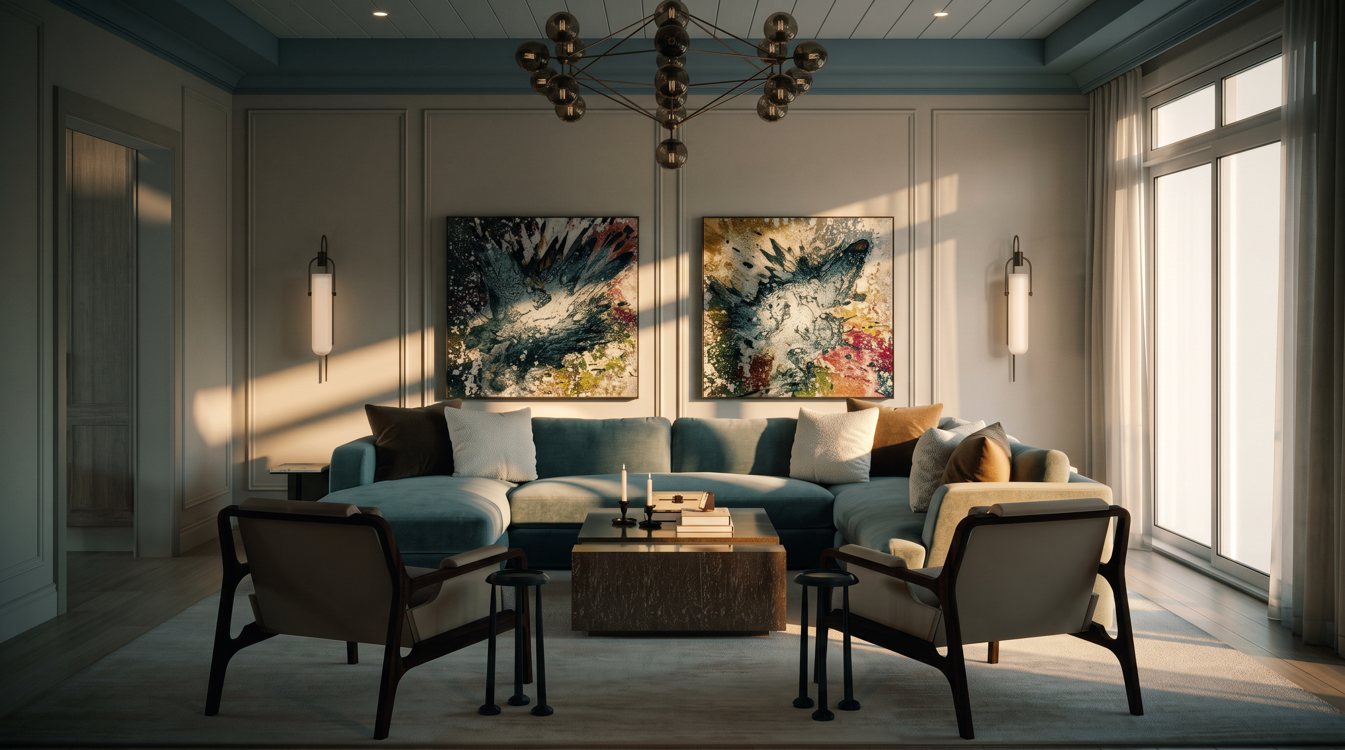 This sophisticated living room features a large, plush sectional sofa centered beneath two abstract art pieces, creating a balanced and inviting focal point. The space is anchored by a substantial stone-textured coffee table and two mid-century modern style armchairs, all illuminated by a striking multi-globe chandelier. The room is framed by elegant wall molding, wall-mounted sconces, and tall windows that allow soft, natural light to enhance the neutral color palette.