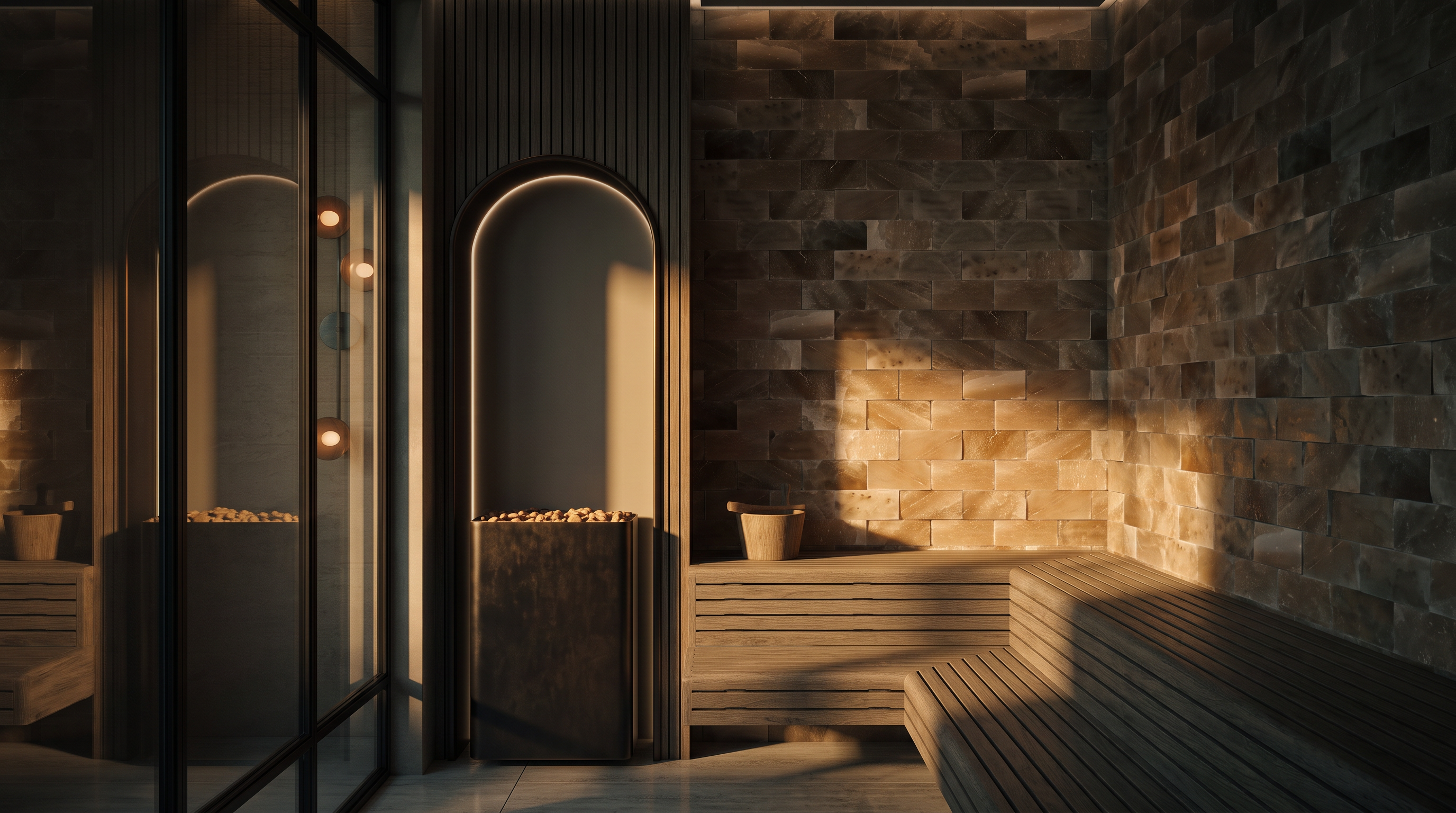 This image showcases a luxurious sauna interior featuring a warm, ambient-lit stone wall and slatted wood bench seating. A sleek, dark heater is positioned within a recessed arched alcove accented by integrated LED lighting, creating a sophisticated and relaxing atmosphere. The combination of textured stone, rich wood tones, and soft lighting provides a high-end spa-like aesthetic.