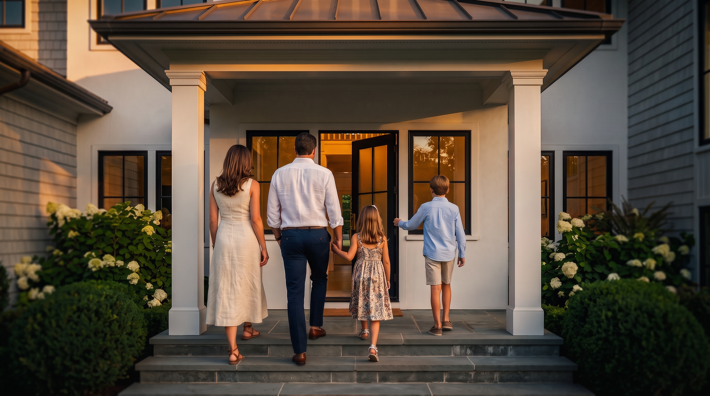This inviting home features a classic, symmetrical entryway with a covered porch supported by crisp white columns. The stone steps lead up to a beautiful glass-paned door, creating an welcoming transition into the residence. Surrounded by lush greenery and hydrangea bushes, the home exudes a charming, upscale suburban aesthetic.