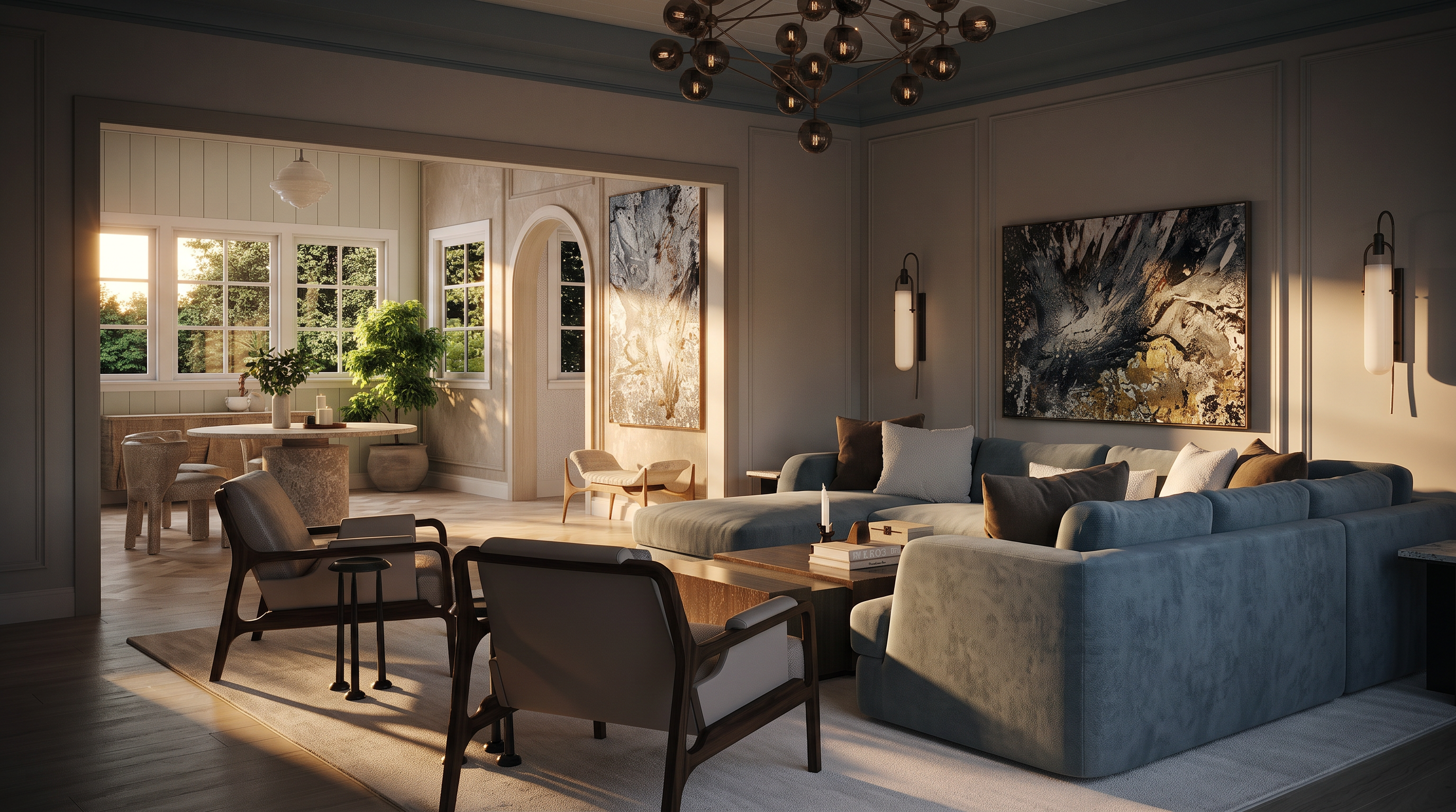 This sophisticated living room features a light blue sectional sofa accented with neutral-toned throw pillows, positioned around a low-profile coffee table. A striking multi-globe chandelier serves as a focal point, while abstract artwork adorns the walls, complemented by a wall-mounted sconce. The space flows seamlessly into an adjacent area through an arched doorway, creating an open and airy atmosphere with a refined, contemporary aesthetic.