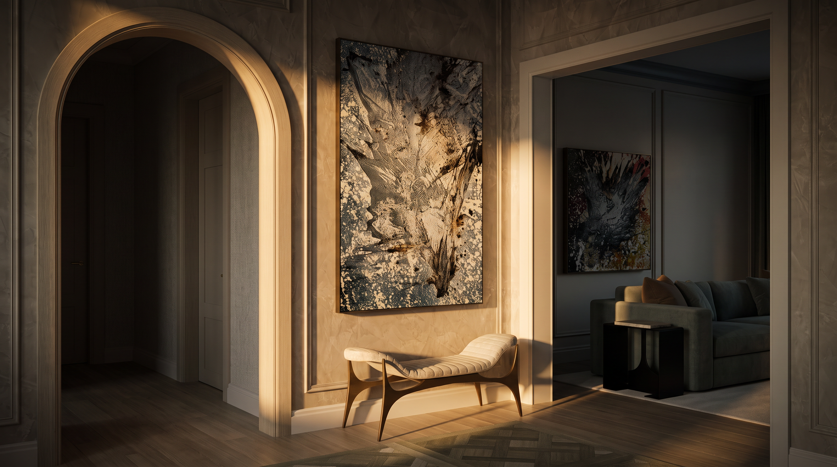 This elegant hallway features a sophisticated neutral color palette with textured wall finishes and light-toned wood flooring arranged in a geometric pattern. A large, abstract piece of art serves as a focal point above a sleek, curved bench, while an arched doorway leads to an adjacent living space where a second, similar artwork is visible. The perspective is centered and symmetrical, emphasizing the high-end architectural details and refined transitional design of the home.