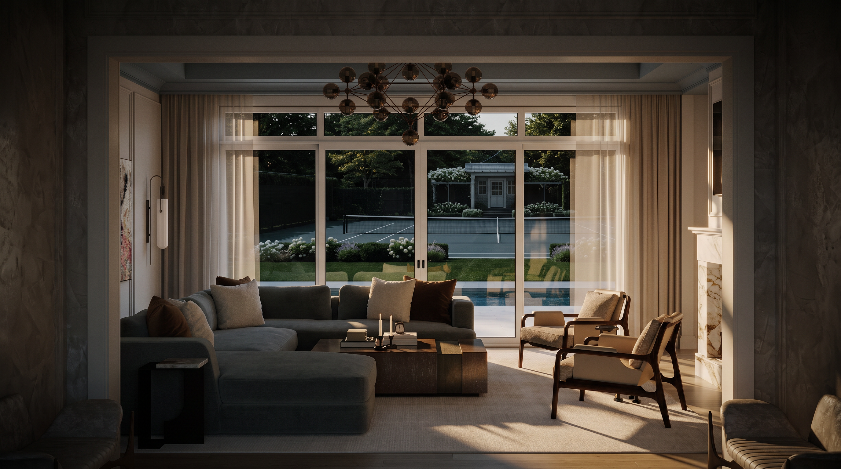 This sophisticated living room features a large, plush grey sectional sofa accented with neutral and brown throw pillows, centered around a substantial wooden coffee table. The space is framed by tall windows that provide a clear, expansive view of a backyard pool and tennis court, creating a seamless indoor-outdoor connection. A modern, multi-bulb chandelier hangs centrally, while two mid-century inspired armchairs complete the seating arrangement, all set against a backdrop of elegant, light-toned walls.