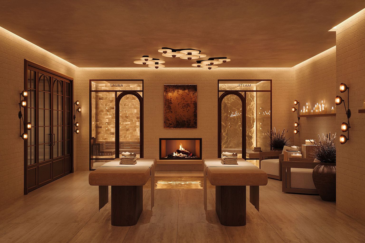 This luxurious spa facility features two massage tables centered in a warm, ambient-lit room with a central fireplace. Flanking the fireplace are glass-enclosed sauna and steam rooms, creating a symmetrical and tranquil layout. The space is finished with textured walls, recessed lighting, and elegant wall sconces, offering a high-end, serene atmosphere perfect for relaxation.
