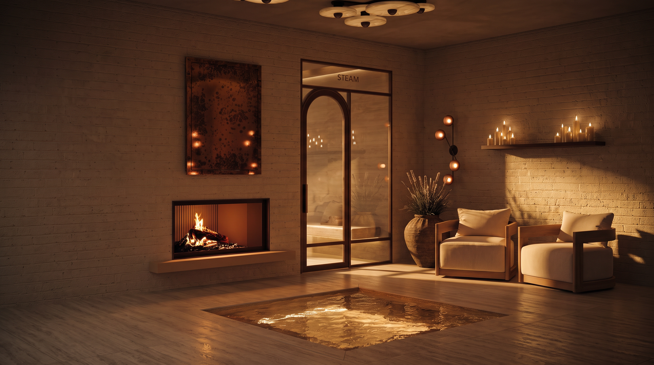 This luxurious spa-inspired lounge features a warm, ambient atmosphere with a built-in fireplace and a glass-enclosed steam room. The space is accented by unique, multi-tiered circular ceiling lights, a textured wall mirror, and a recessed floor feature that mimics a glowing pool. A comfortable armchair sits beside a large decorative vase, creating a serene and sophisticated retreat.