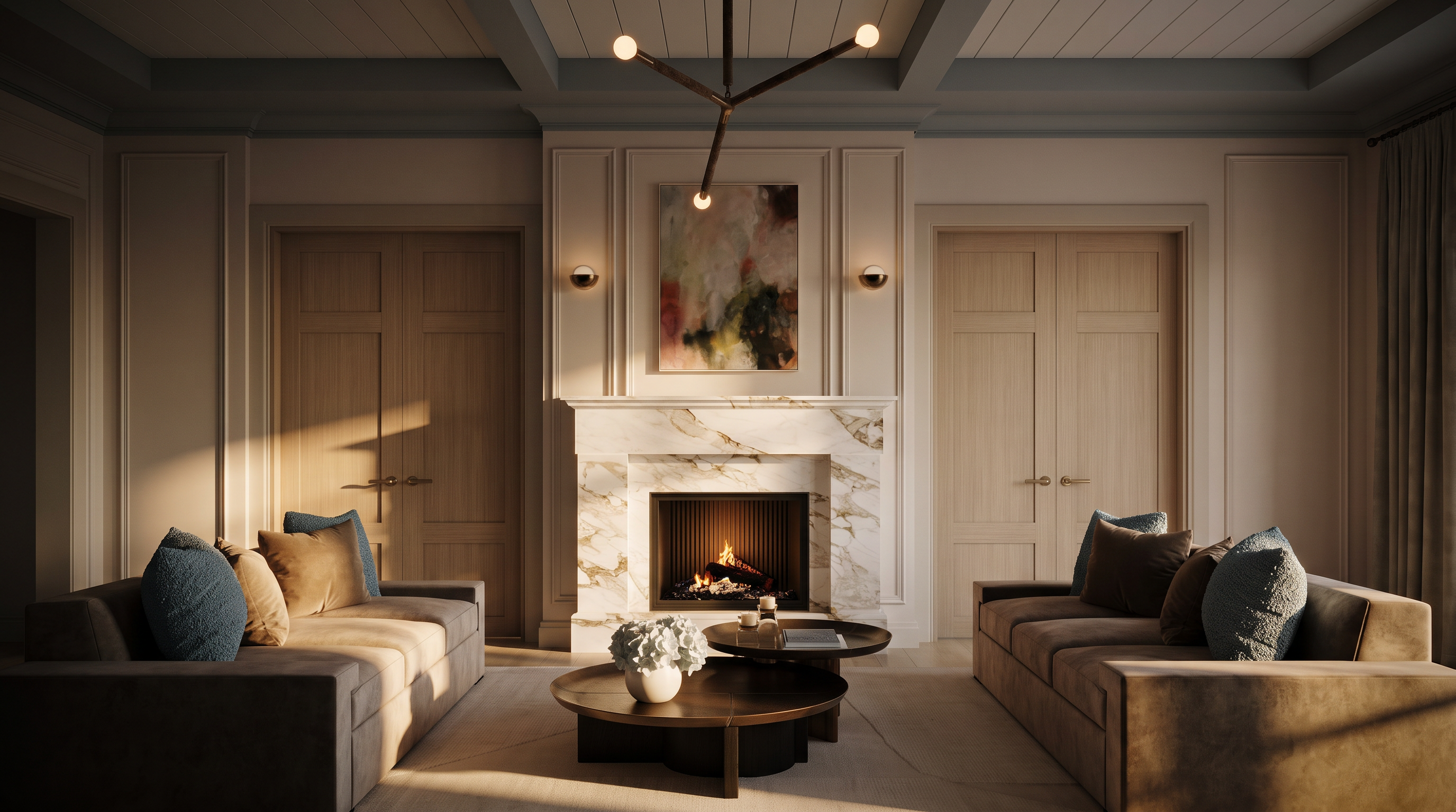 This elegant living room features a symmetrical layout centered around a fireplace with a prominent stone surround and a decorative art piece above. Two plush sofas face each other, complemented by a tiered coffee table and a modern geometric chandelier hanging from a coffered ceiling. The space is framed by light wood double doors on either side, creating a balanced and sophisticated atmosphere.