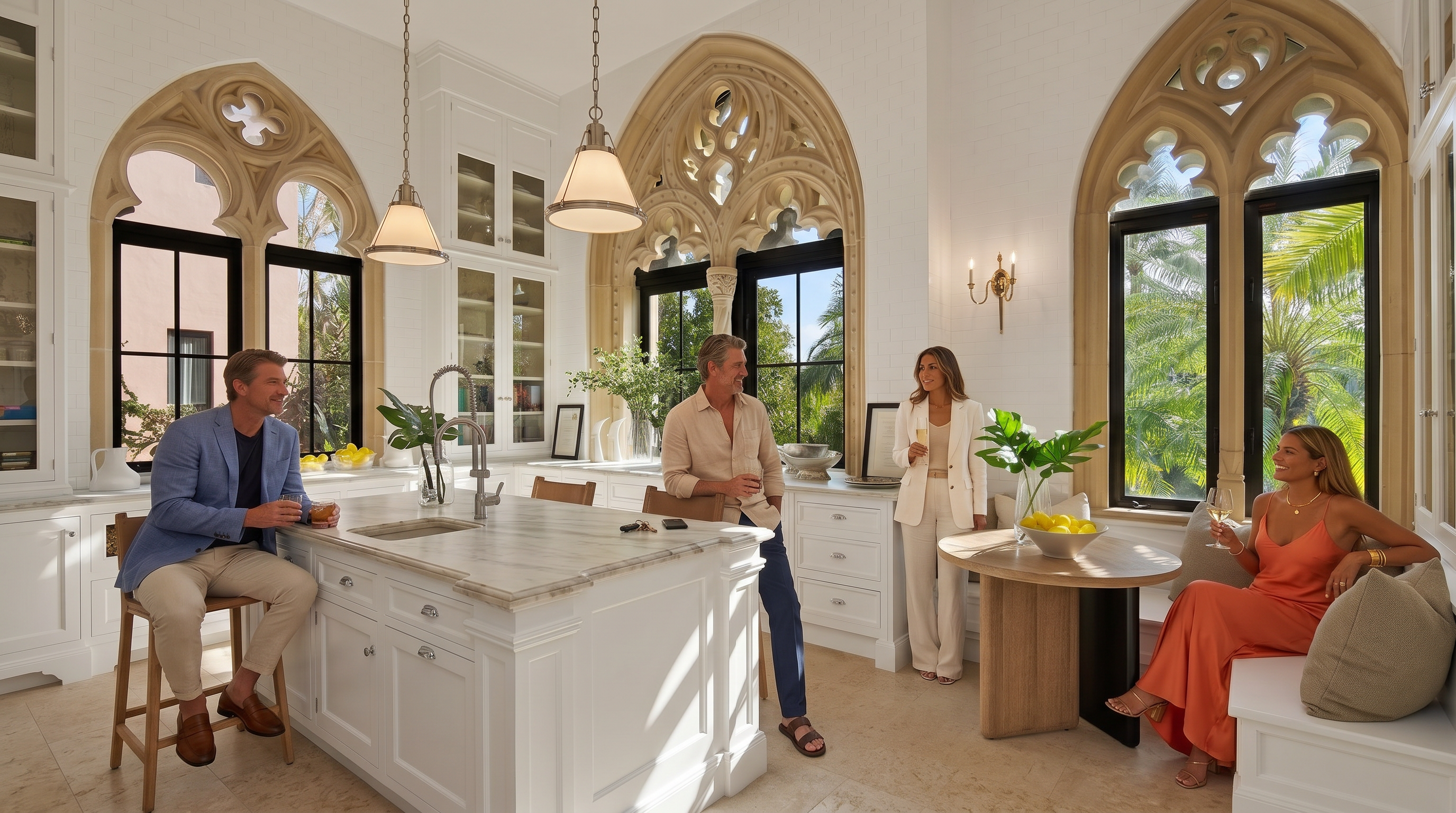 This elegant and spacious kitchen features a large central marble-topped island with seating for one and is anchored by custom white cabinetry throughout. The space is illuminated by classic pendant lights and stunning Gothic-inspired arched windows that bring in ample natural light and views of lush greenery. The sophisticated aesthetic combines architectural character with modern luxury, creating an inviting atmosphere for social gatherings.