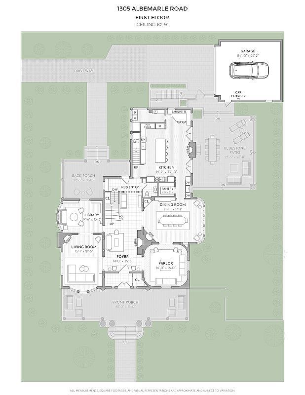 This image showcases a detailed floor plan of a house, highlighting the layout of the first floor. Key areas include a living room, dining room, kitchen, library, parlor, foyer, and a garage, along with outdoor spaces like a front porch, back porch, and bluestone patio. The plan provides a comprehensive view of the spatial relationships and dimensions of each room, offering potential buyers a clear understanding of the home's structure.