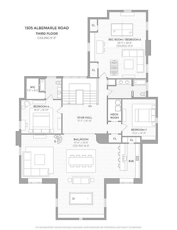This image showcases a detailed floor plan of a third-floor layout, featuring a ballroom, bedrooms, a rec room/bedroom, and a bar area. The plan includes dimensions and ceiling heights, providing a comprehensive overview of the space's layout and potential use. The architectural style appears modern with an emphasis on spaciousness and functionality.