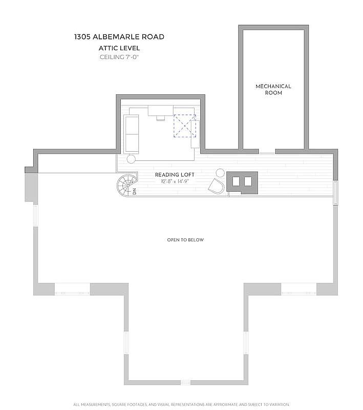 This image showcases a floor plan of an attic level, featuring a reading loft, a mechanical room, and an open area below. The layout includes dimensions and notes the ceiling height, providing a clear understanding of the space's configuration. The design suggests a functional and well-organized attic space.