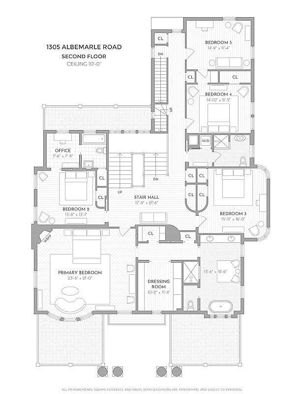 This image showcases a detailed floor plan of the second floor of a residence, emphasizing the layout of bedrooms, bathrooms, an office, and a dressing room. The plan highlights the dimensions of each room, the placement of closets, and the arrangement of furniture, providing a comprehensive overview of the living space. The architectural style appears traditional, with attention to spatial organization and functionality.