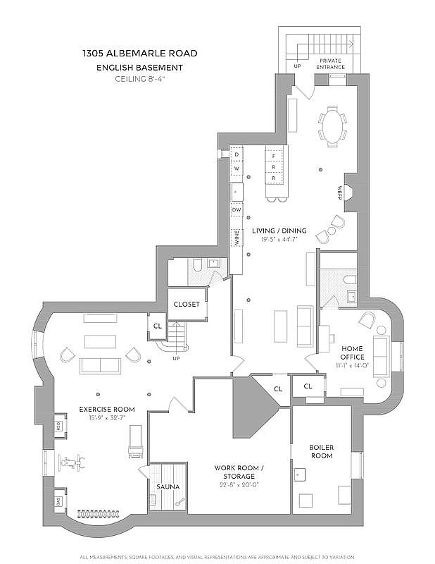 This is a floor plan of an English basement, showcasing various rooms including an exercise room, sauna, work room/storage, boiler room, home office, living/dining area, and a private entrance. The layout emphasizes functionality and efficient use of space, with dimensions provided for each room to give a clear understanding of the area's potential.