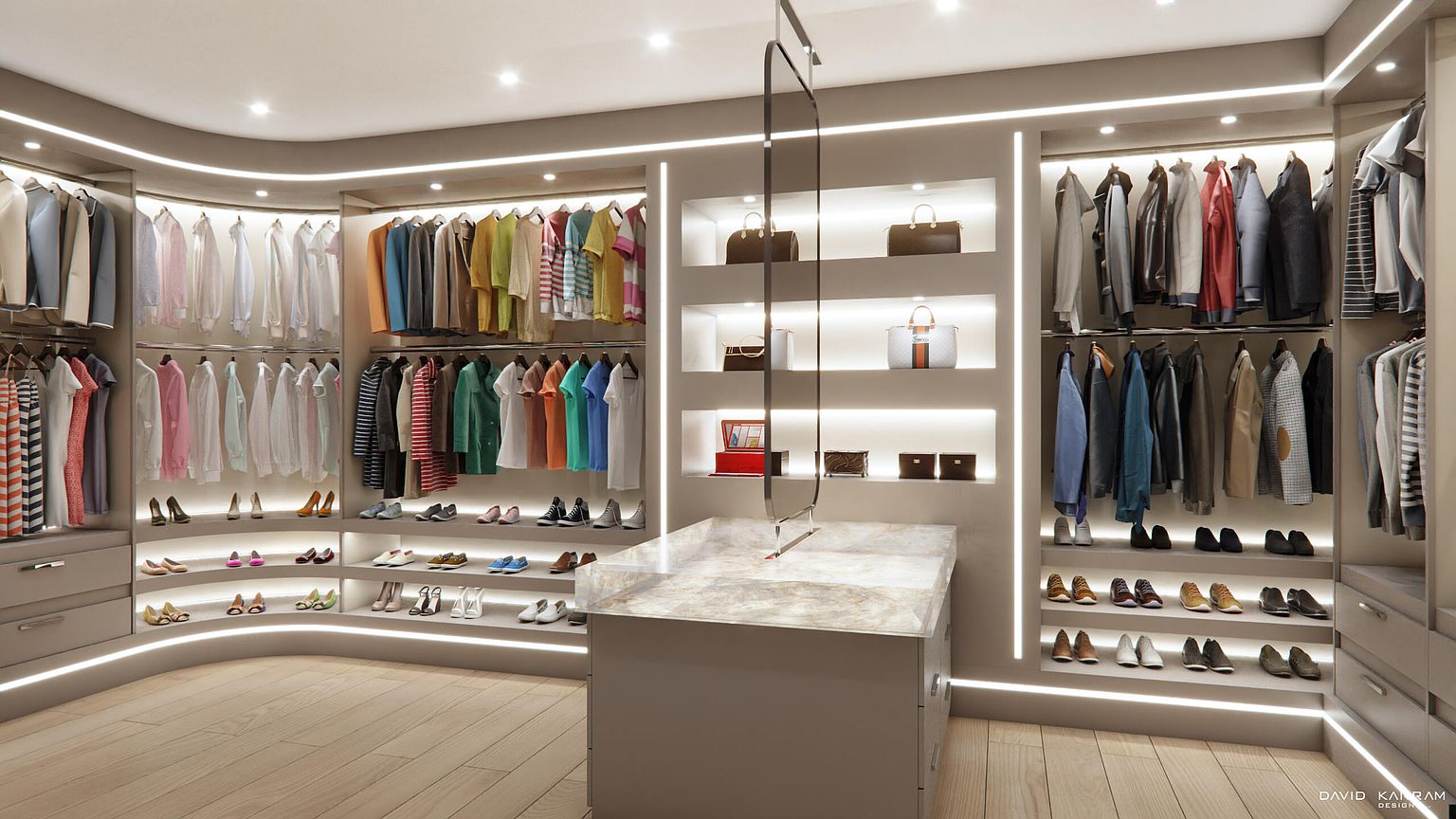 This is a luxurious walk-in closet featuring custom shelving and hanging space for clothing and shoes. The closet is well-lit with recessed lighting and LED strip lighting, highlighting the organized display of items. A central island with a marble countertop provides additional storage and a focal point for the space.