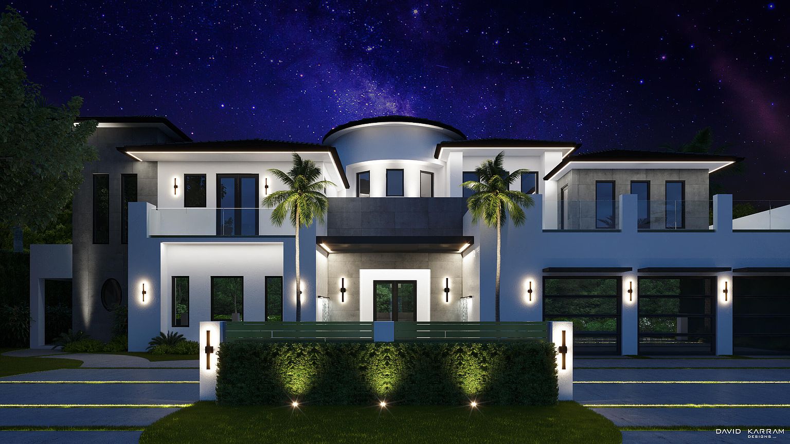 This is a front exterior view of a modern, luxurious two-story home at night. The house features a combination of white and gray facade elements, with a central rounded section and palm trees flanking the entrance. The property is well-lit with landscape lighting and architectural lights, creating a welcoming and sophisticated ambiance.