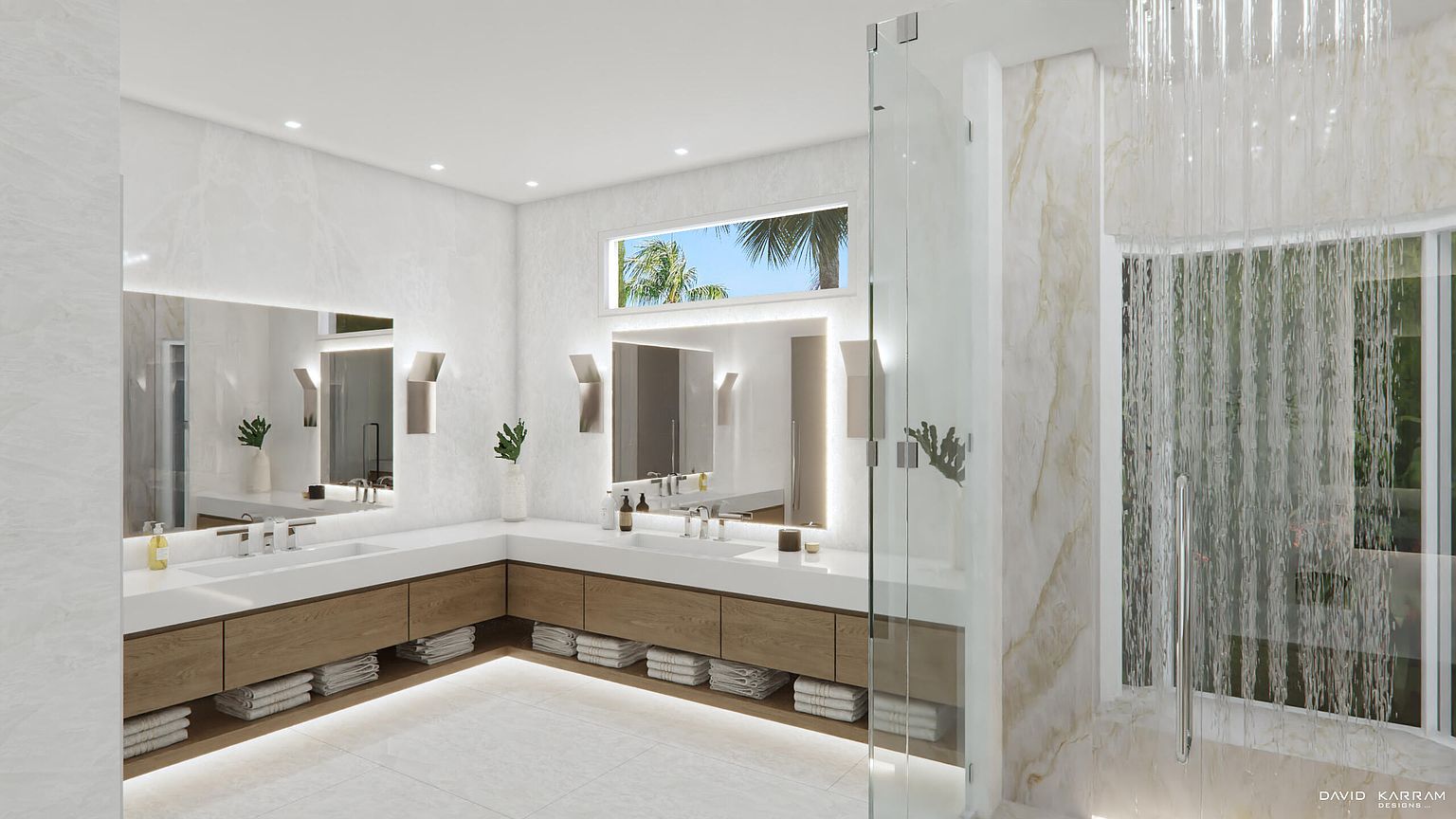 This is a luxurious primary bathroom featuring a double vanity with a white countertop and wooden cabinets. Large mirrors with integrated lighting enhance the space, while a glass-enclosed shower with a rainfall showerhead adds a spa-like feel. The neutral color palette and clean lines create a modern and serene atmosphere.