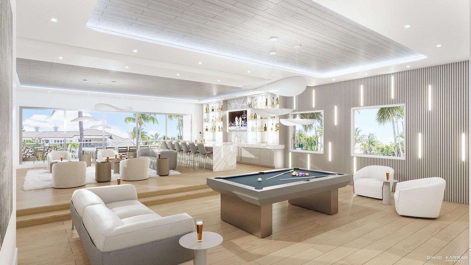 This is a spacious and luxurious living room featuring a pool table, a bar area, and comfortable seating. The room is well-lit with natural light from large windows and stylish lighting fixtures. The overall design is modern and elegant, creating a perfect space for relaxation and entertainment.