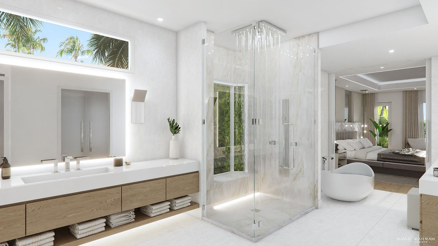 This is a luxurious primary bathroom featuring a modern vanity with a white countertop and wooden cabinets, complemented by neatly stacked towels on a lower shelf. A glass-enclosed shower with a rainfall showerhead and marble-like walls adds a spa-like ambiance, while a freestanding bathtub sits elegantly nearby. The open layout seamlessly connects to the bedroom, creating a serene and inviting space.