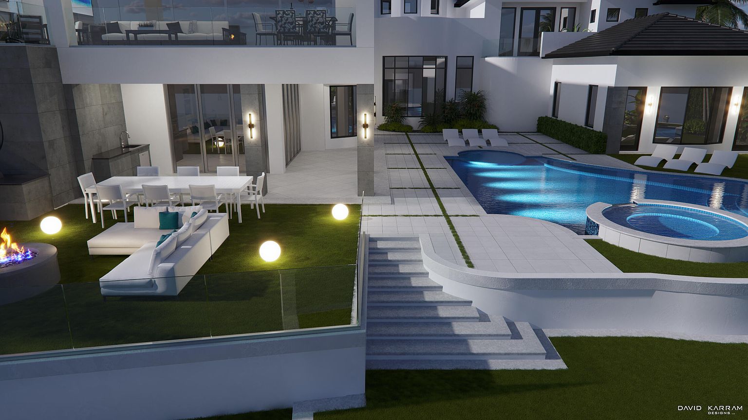 This image showcases the rear exterior of a modern luxury home, highlighting a stunning pool and spa area. The outdoor space features a dining area, lounge seating with a fire pit, and manicured landscaping, creating an inviting atmosphere for relaxation and entertainment. The architecture is sleek and contemporary, with clean lines and large windows that offer views of the outdoor amenities.