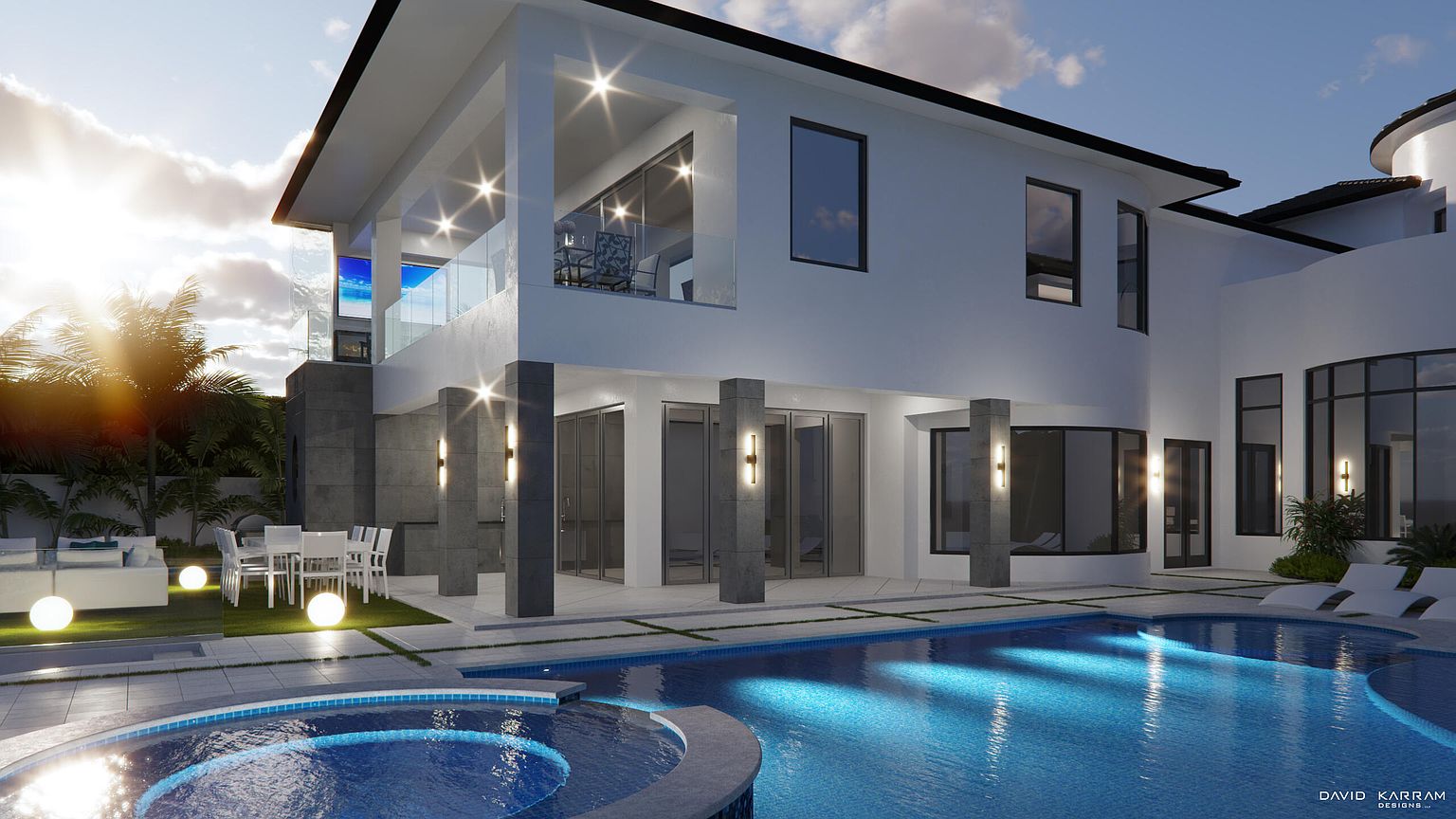 This image showcases the rear exterior of a modern home, emphasizing a luxurious pool and spa area. The architecture features clean lines, white stucco walls, and dark-framed windows, creating a contemporary aesthetic. Outdoor seating and lighting enhance the ambiance, suggesting a perfect space for relaxation and entertainment.