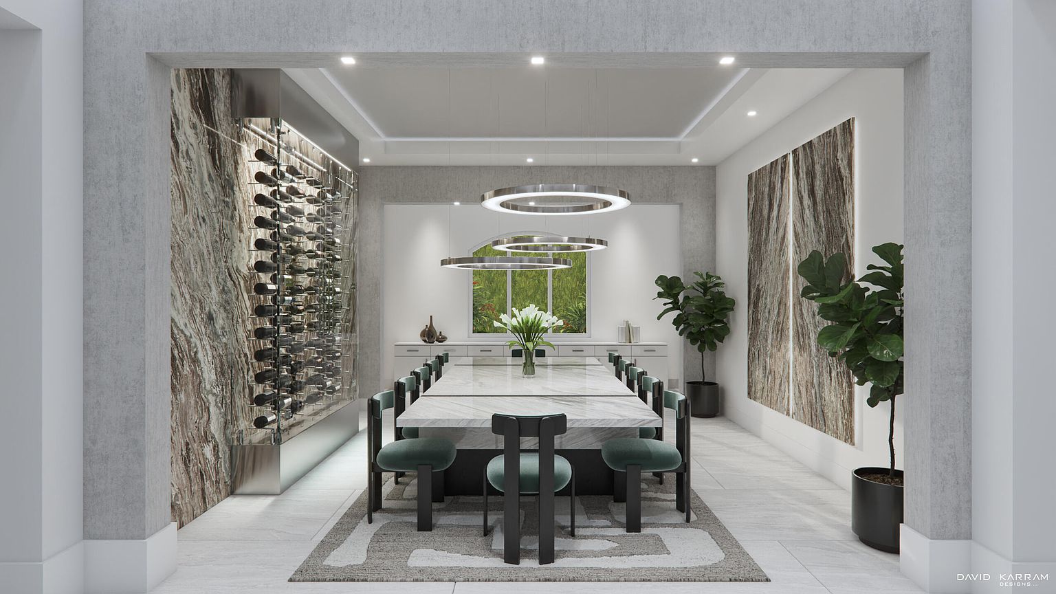 This is a modern dining room featuring a long marble dining table with green upholstered chairs. A wine rack is built into the wall on the left, and a large piece of artwork is on the right. The room is well-lit with modern circular chandeliers and recessed lighting, creating an elegant and inviting atmosphere.