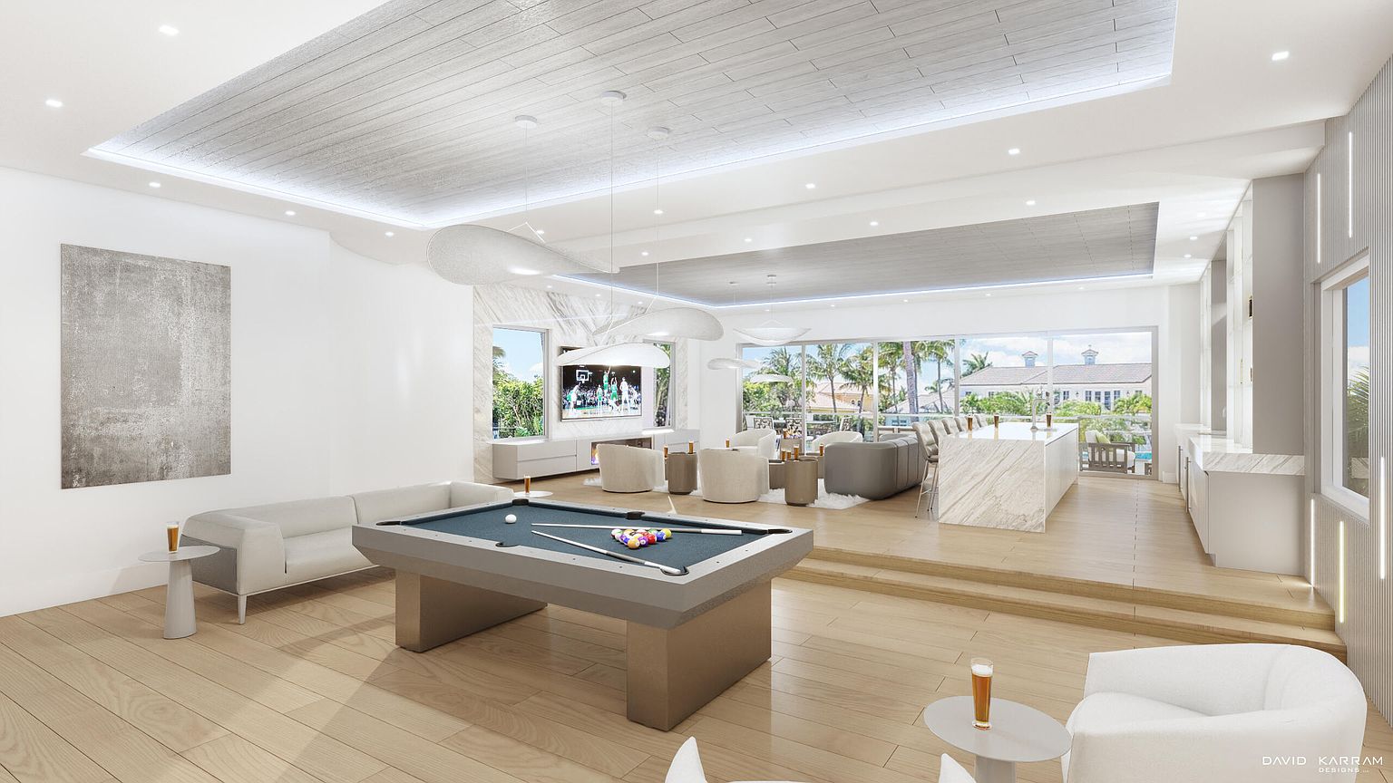 This is a spacious and modern living room featuring a pool table as a central element. The room is well-lit with natural light and includes a comfortable seating area with a sofa and armchairs. The open floor plan seamlessly connects to an outdoor area, enhancing the sense of space and luxury.