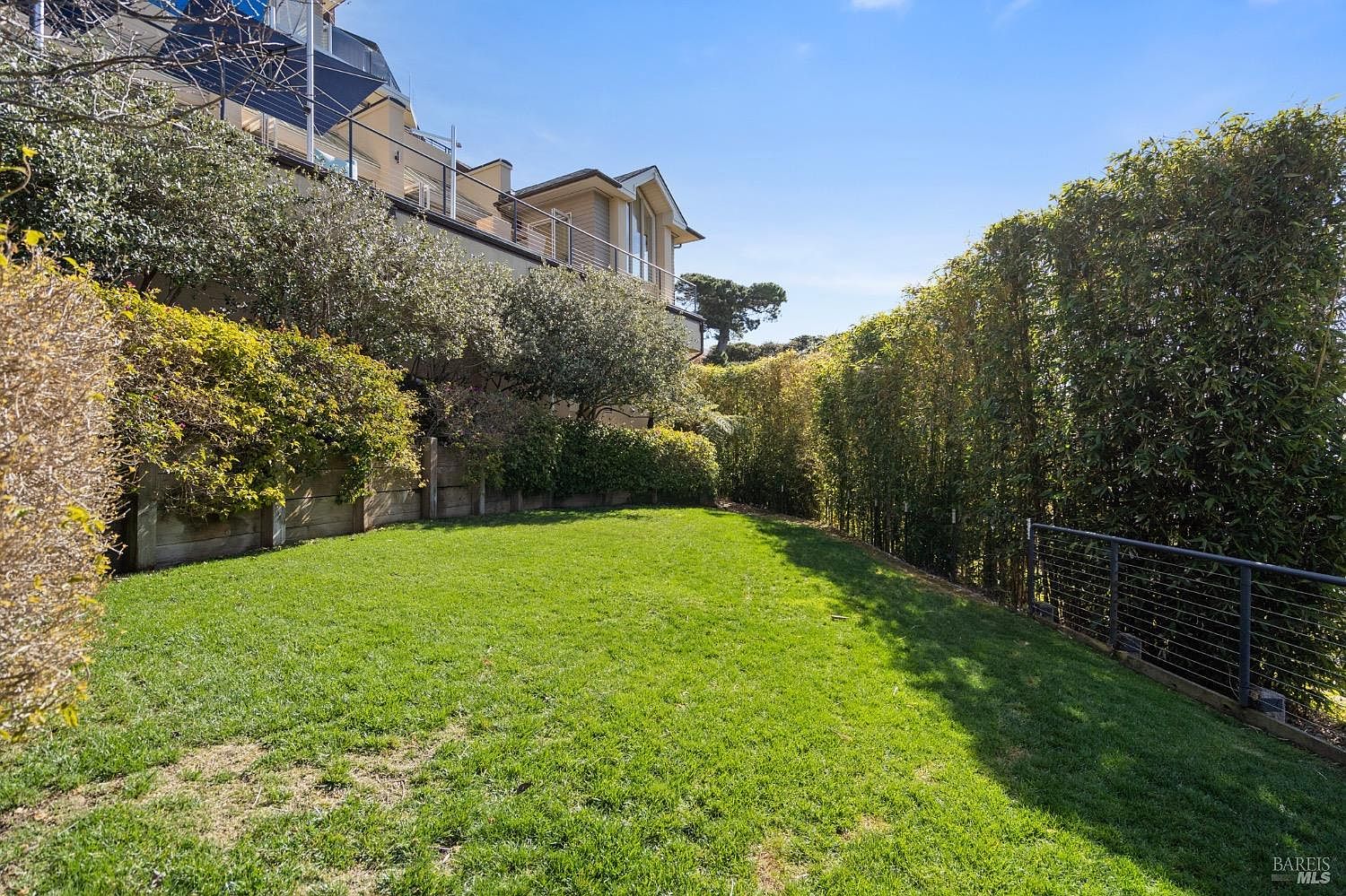 This image captures a private, well-maintained backyard featuring a lush green lawn bordered by a tall, dense hedge that provides significant privacy. A wooden retaining wall separates the lawn from a sloped area with mature trees and shrubs, while a modern house with a balcony and metal railing is visible in the background. The perspective is from ground level, looking across the lawn toward the house, emphasizing the peaceful and secluded outdoor living space.