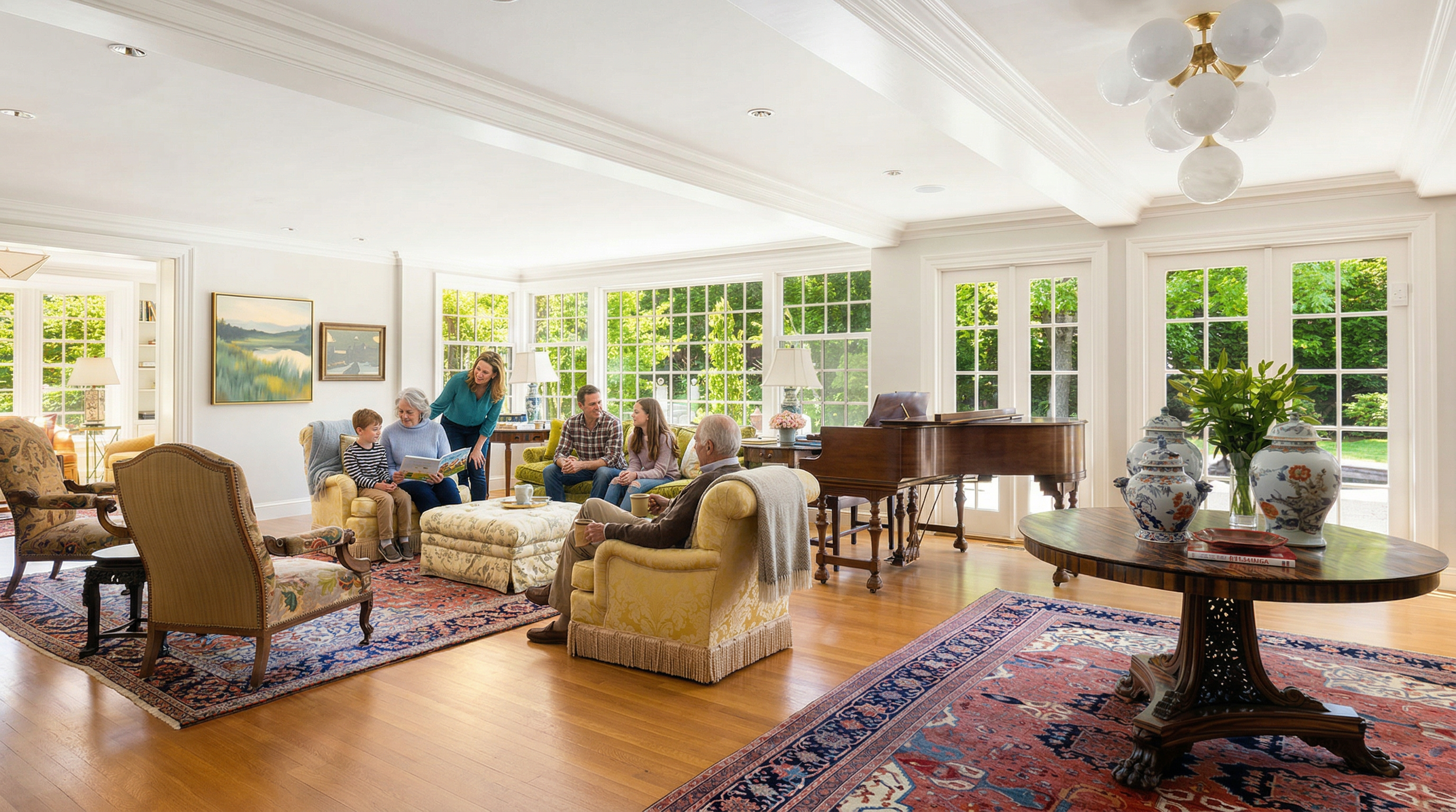 This expansive and elegant living room features polished hardwood floors, high ceilings with recessed lighting, and a grand piano, creating a sophisticated atmosphere. The space is bathed in natural light from large windows and French doors that overlook the lush greenery outside, while traditional furniture and ornate area rugs add warmth and character. The open-concept layout seamlessly blends multiple seating areas, making it an ideal space for both relaxation and formal entertaining.
