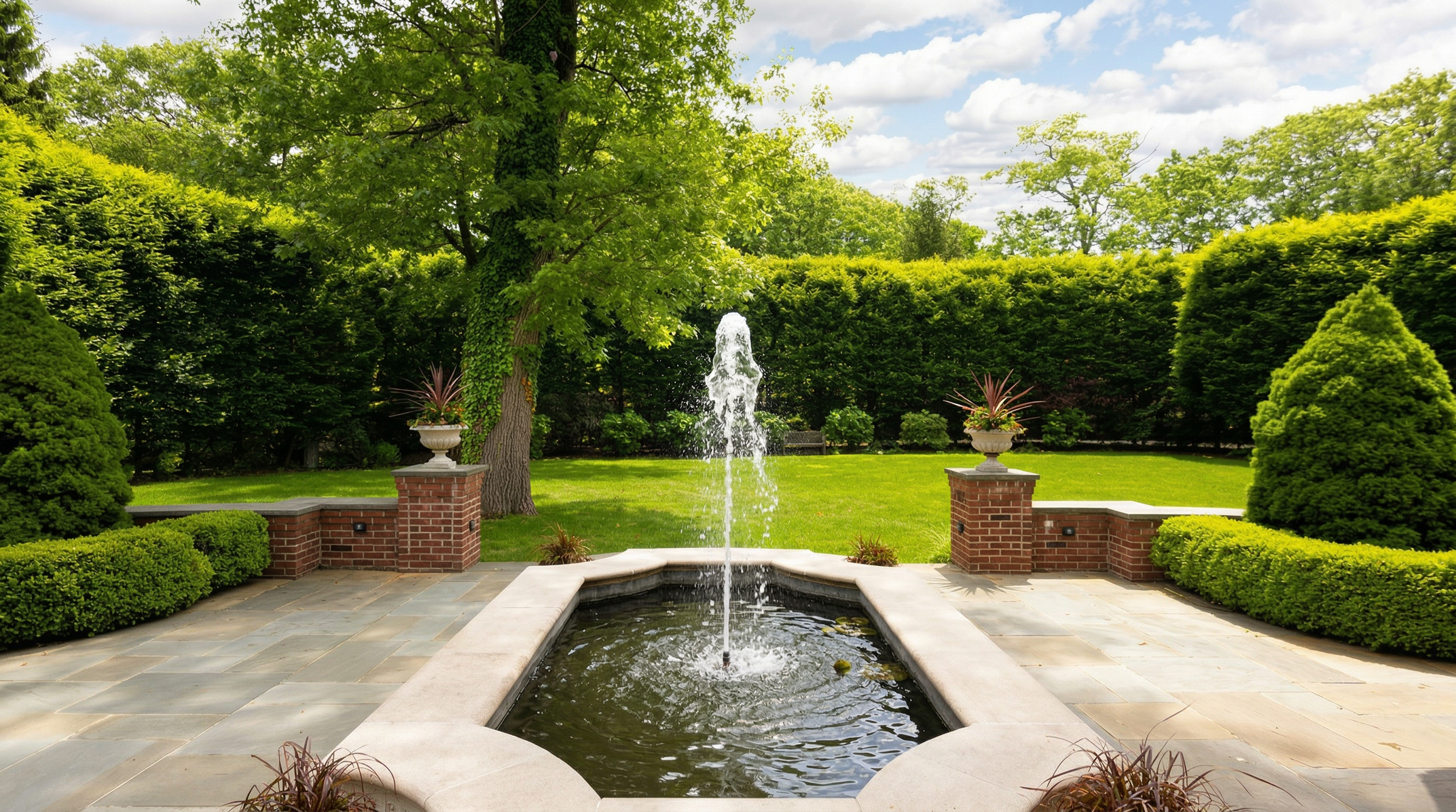 This elegant backyard features a stone-paved patio centered around a formal, octagonal water fountain with a gentle spray. The manicured lawn is framed by tall, dense privacy hedges and mature trees, creating a serene and secluded atmosphere. The scene is captured from a low, eye-level perspective, emphasizing the symmetry and sophisticated landscaping of the outdoor space.