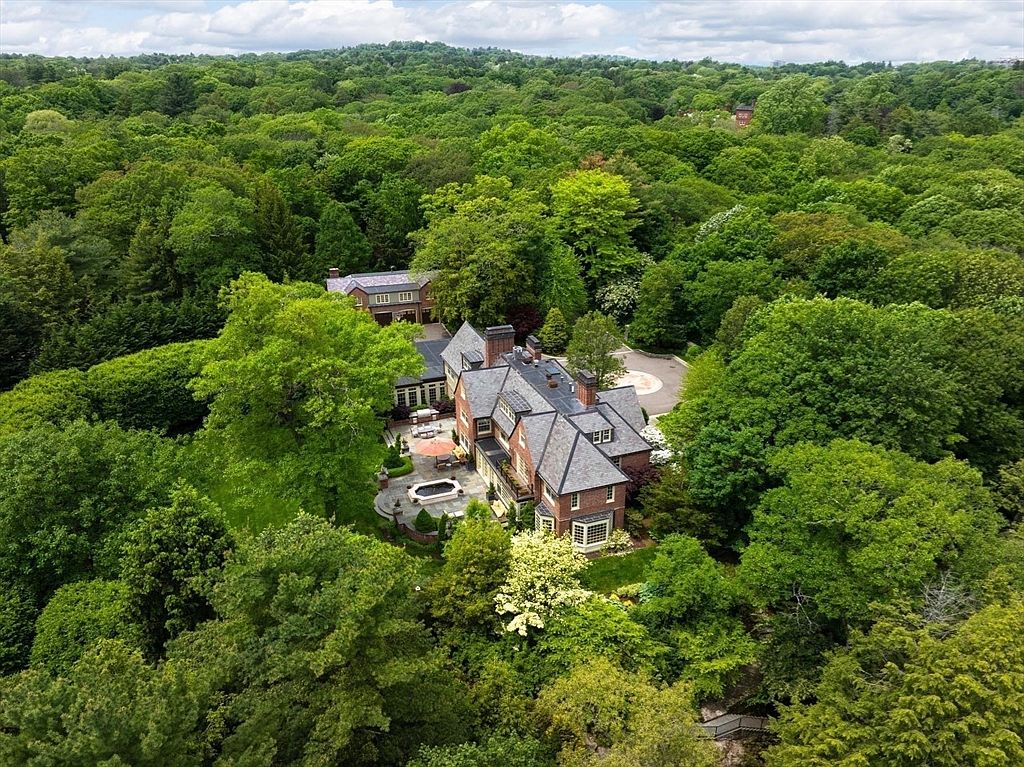 This high-angle aerial view captures a grand, multi-story brick estate nestled within a lush, dense forest canopy. The property features a sophisticated slate roof, a stone-paved rear patio with a small water feature, and a detached garage structure, all surrounded by mature trees that provide significant privacy. The perspective emphasizes the expansive, secluded nature of the estate and its harmonious integration with the surrounding natural landscape.