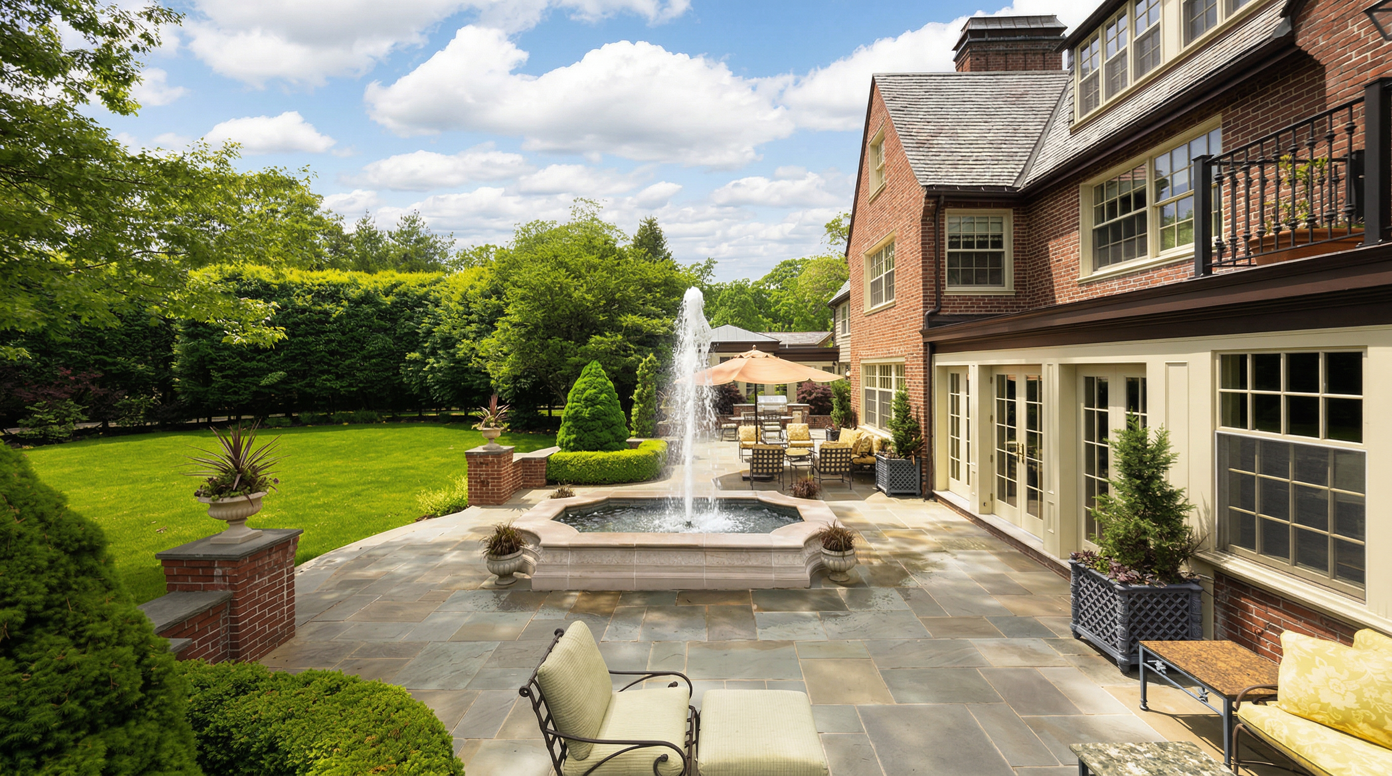 This elegant rear patio features high-quality stone paving, a central octagonal fountain, and comfortable outdoor seating arrangements. The space is framed by a classic brick home with large glass doors, lush manicured hedges, and a sprawling green lawn, creating a serene and sophisticated atmosphere. The perspective is a wide, eye-level shot that captures the seamless transition between the refined indoor living space and the expansive, well-maintained garden.