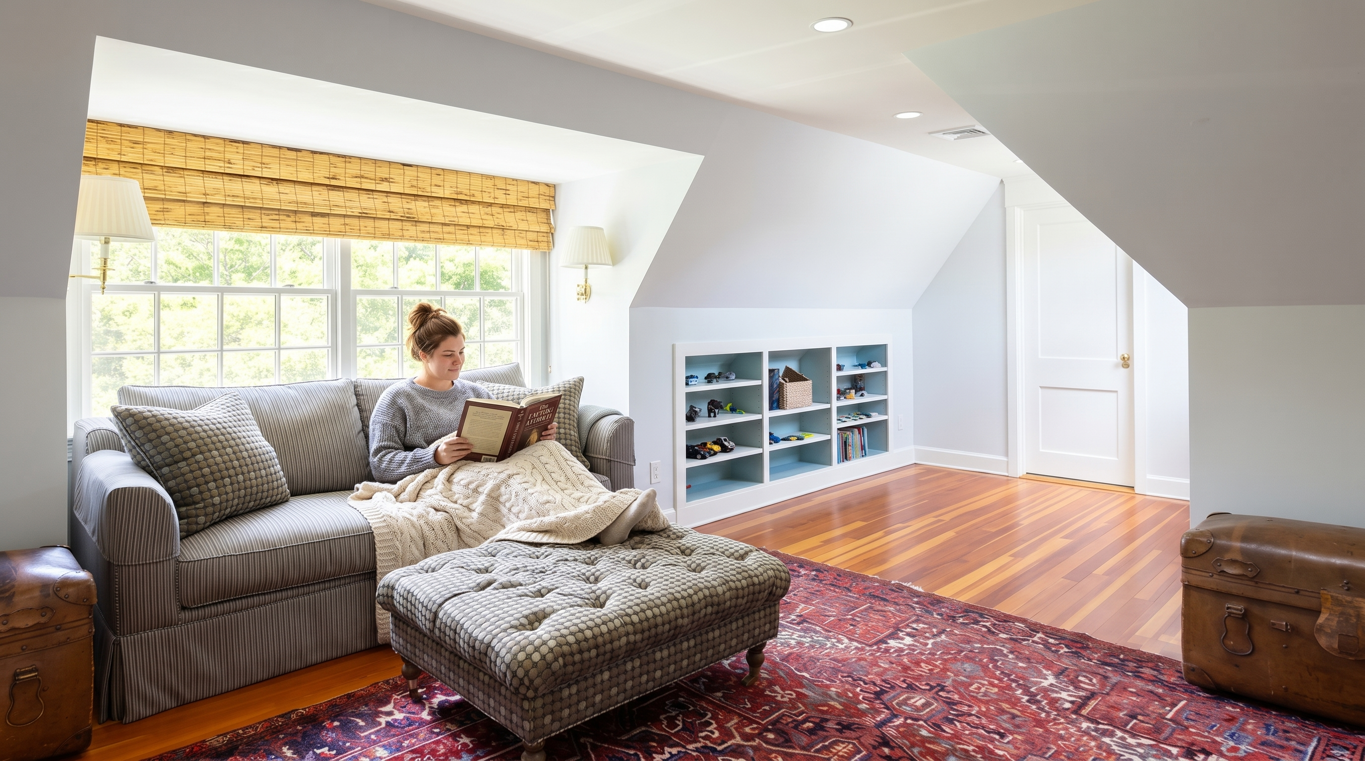 This cozy attic living space features sloped ceilings, warm hardwood flooring, and a large window dressed with bamboo shades. The room is furnished with a comfortable striped sofa, a patterned ottoman, and built-in shelving, creating a welcoming and functional retreat. The perspective is a wide-angle shot that captures the inviting atmosphere and architectural character of the space.