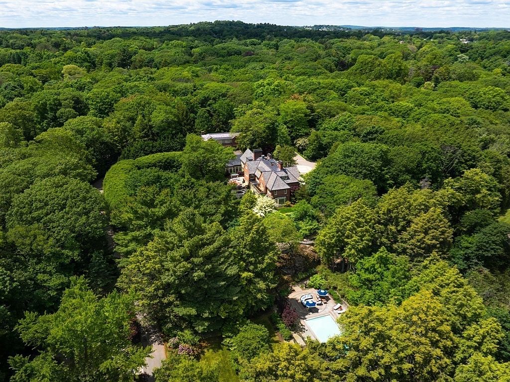 This high-angle aerial view captures a sprawling, multi-story brick estate nestled within a dense, lush forest canopy. The property features a private swimming pool area tucked away among the trees, providing a secluded and serene atmosphere. The perspective emphasizes the expansive, private nature of the estate and its harmonious integration with the surrounding natural landscape.