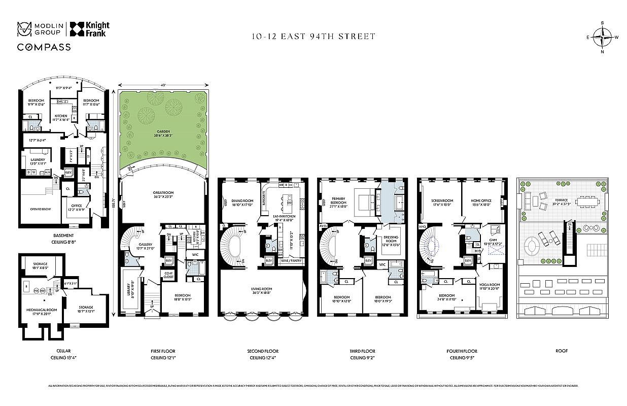 This image is a comprehensive architectural floor plan for a multi-level residential property located at 10-12 East 94th Street. It displays the layout for the cellar, basement, first, second, third, and fourth floors, as well as the roof level, detailing room dimensions, elevator locations, and outdoor spaces like the garden and terrace. The schematic provides a clear, top-down technical overview of the home's spatial organization and flow.