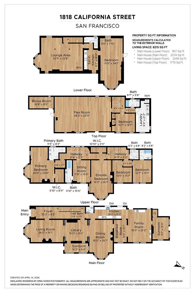 This image is a comprehensive architectural floor plan for a multi-level residence located at 1818 California Street in San Francisco. The diagram illustrates the layout of four distinct levels—Lower, Top, Upper, and Main—detailing the placement of rooms, hallways, bathrooms, and outdoor access points. It provides a clear, top-down schematic view of the property's spatial organization and includes a summary of the total living space square footage.