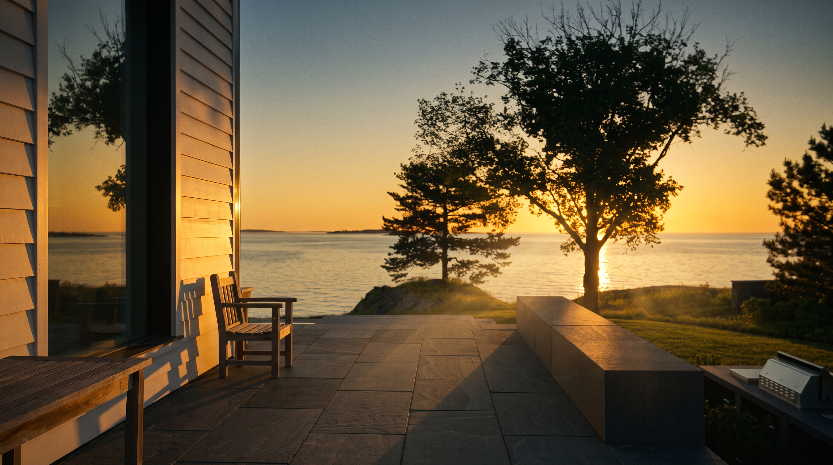 This serene stone-paved patio offers a direct, unobstructed view of a calm body of water at sunset. The space features a minimalist stone bench and a wooden chair, creating a peaceful outdoor retreat that seamlessly connects to the home's interior through large glass panels. The composition emphasizes the tranquil waterfront setting and the clean, modern architectural lines of the residence.