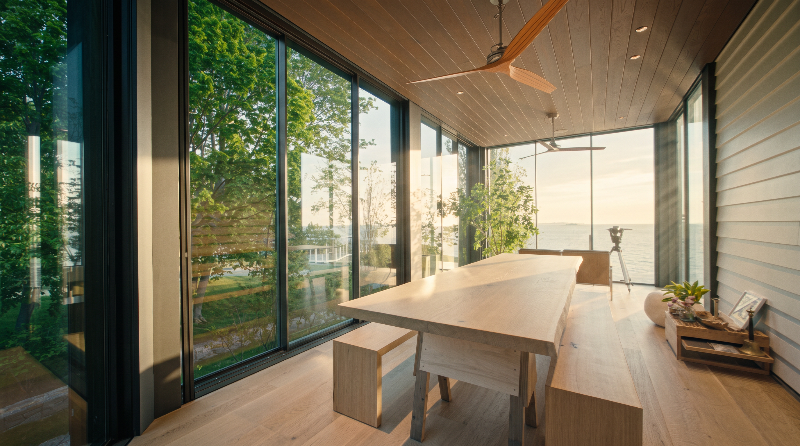 This bright dining area features a minimalist aesthetic with a large, light wood slab table and matching benches. The space is defined by expansive floor-to-ceiling windows that offer panoramic views of the surrounding trees and the water beyond. A warm wood-paneled ceiling with recessed lighting and a modern ceiling fan completes the serene, nature-focused atmosphere.