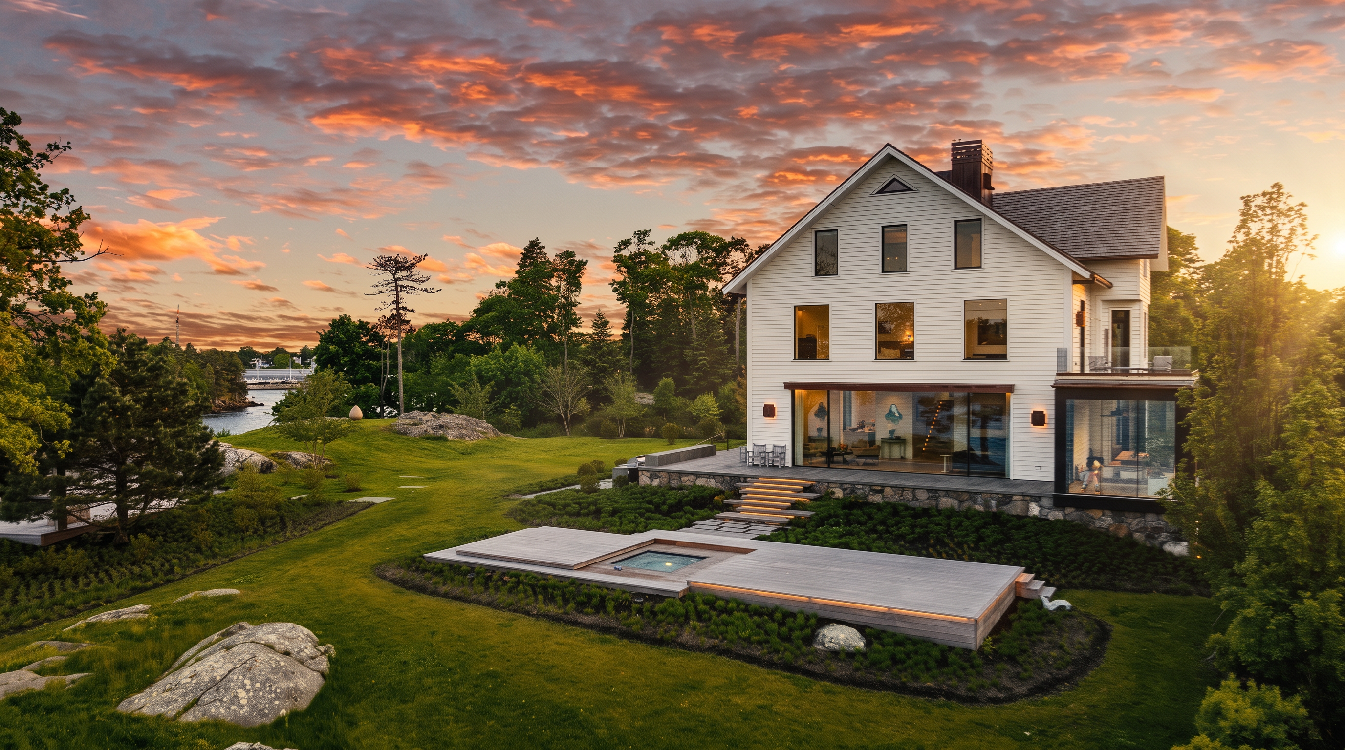 This elevated perspective captures the rear of a stately white-sided home set against a vibrant sunset sky. The residence features a blend of traditional architecture and modern glass-walled additions, with a stone-paved patio leading to a sunken spa integrated into a wooden deck. The surrounding landscape is lush and manicured, incorporating natural rock outcroppings and mature trees that frame the waterfront property.