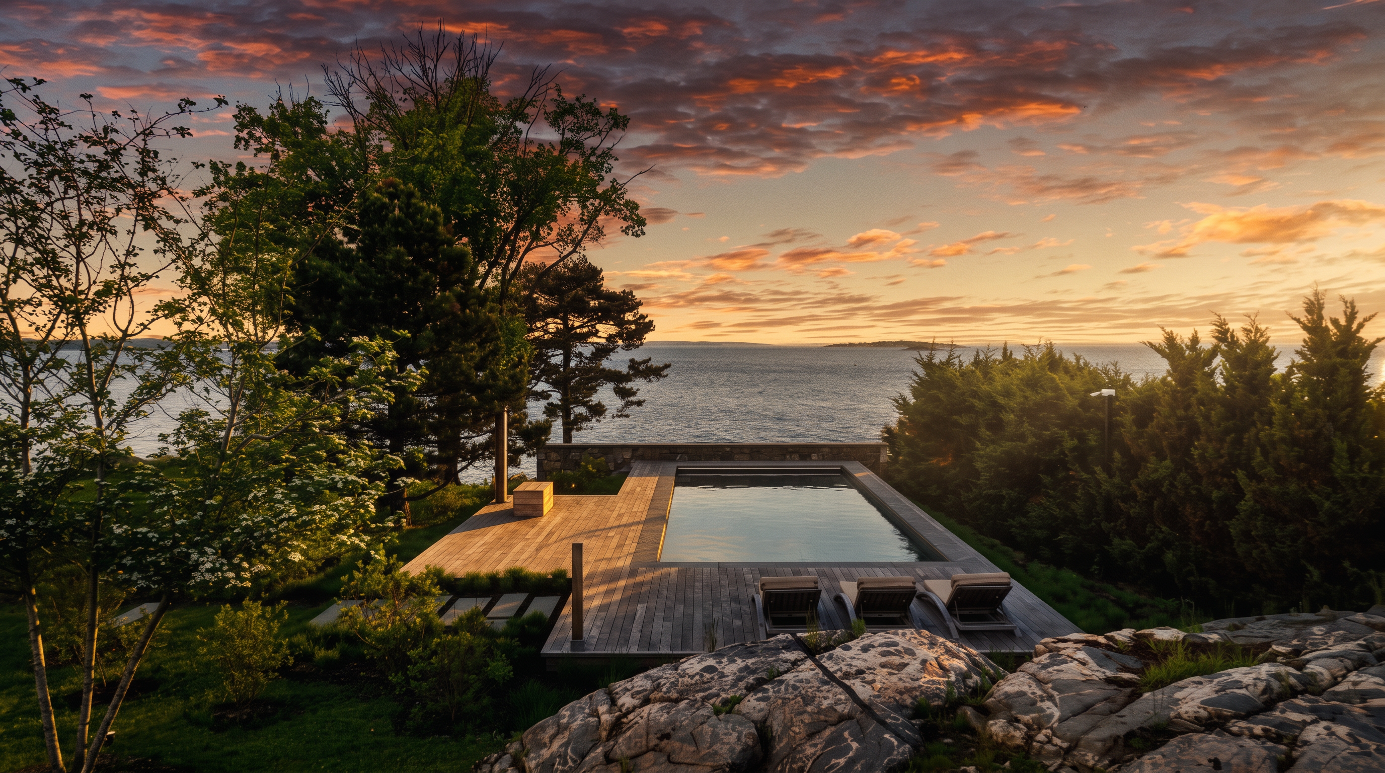 This stunning outdoor space features a rectangular infinity-edge pool set into a natural wood deck, overlooking a vast, tranquil body of water. Three lounge chairs are positioned on the deck, providing a perfect vantage point to enjoy the vibrant sunset sky. The surrounding landscape includes lush green grass, mature trees, and rugged natural rock formations, creating a serene and luxurious coastal retreat.