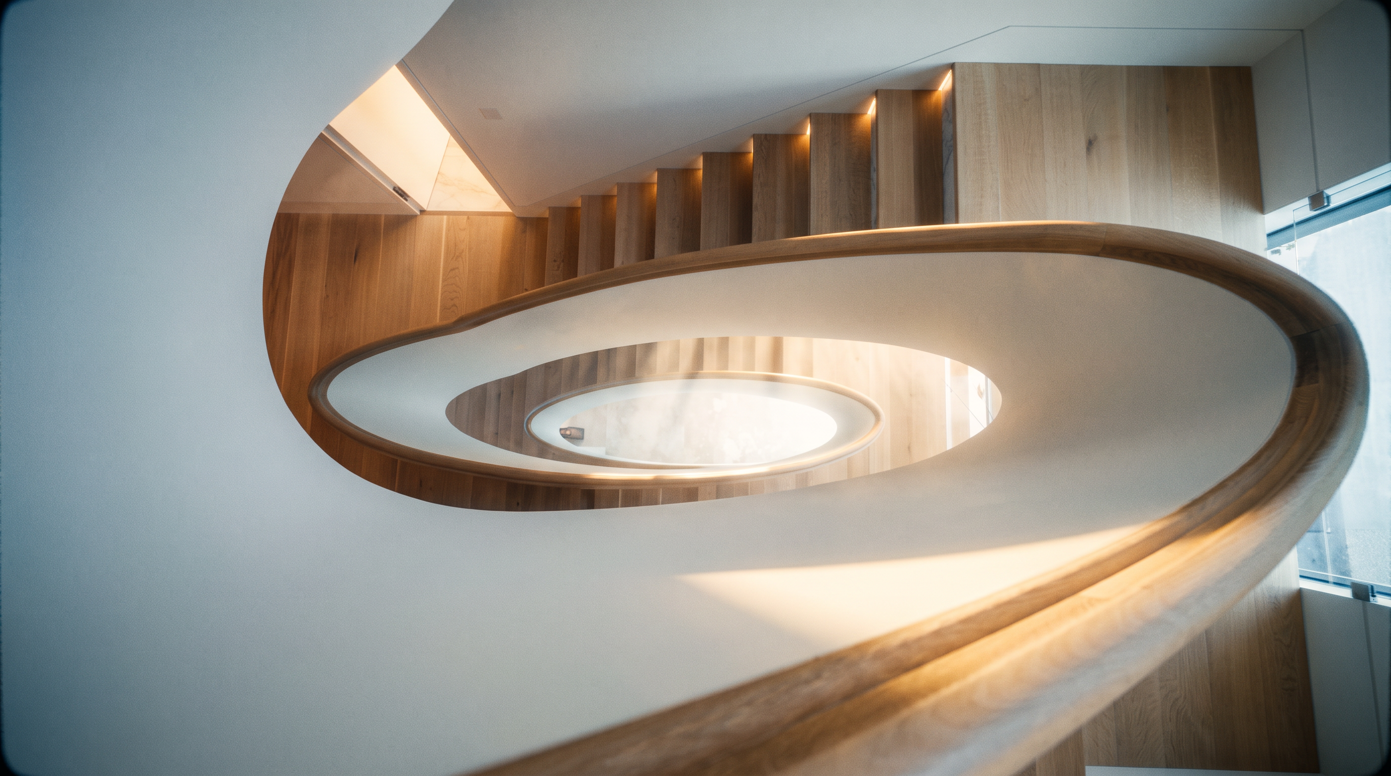 This image captures a striking spiral staircase from a high-angle, downward-looking perspective, emphasizing its fluid, sculptural form. The design features a smooth, white curved wall paired with a warm-toned light wood handrail and matching wood treads, creating a minimalist and modern aesthetic. Integrated lighting along the steps adds a soft, inviting glow, while the central void draws the eye down to the lower level, highlighting the architectural precision of the home.