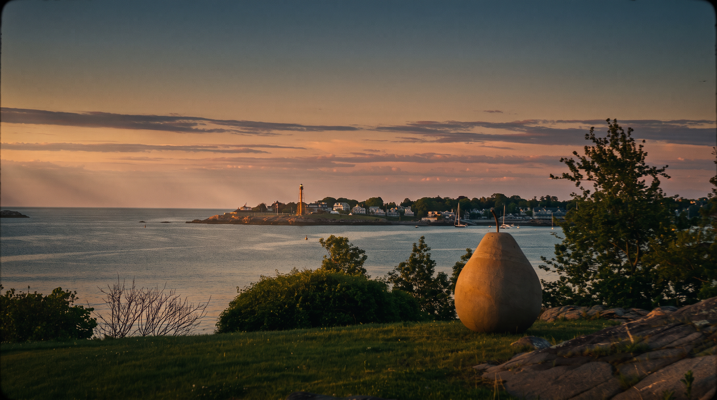 This scenic outdoor space features a well-manicured lawn overlooking a tranquil coastal bay at sunset. A unique, large stone sculpture shaped like a pear serves as a focal point in the foreground, set against a backdrop of lush greenery, rocky terrain, and a distant lighthouse on the peninsula. The soft, pastel-hued sky creates a serene and picturesque atmosphere, highlighting the property's prime waterfront location.