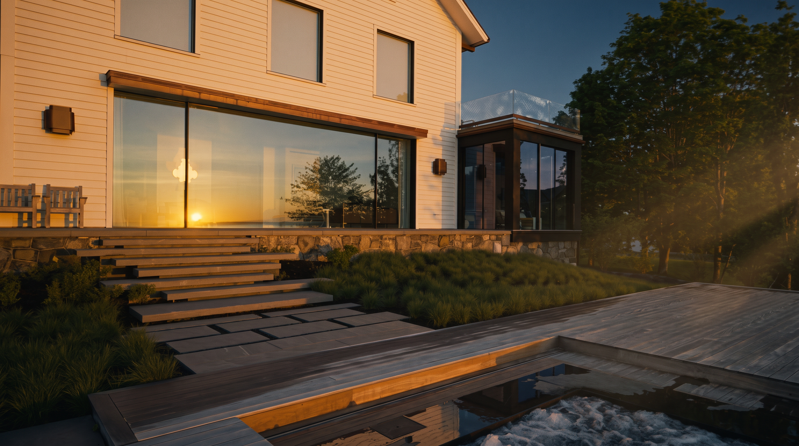 This sophisticated rear exterior view showcases a modern home with expansive glass walls that reflect the golden hour sunset. The property features a tiered stone staircase leading to a wooden deck and a bubbling spa, creating a seamless transition between indoor and outdoor living spaces. The architectural design emphasizes clean lines, natural stone accents, and a contemporary aesthetic that integrates beautifully with the surrounding landscape.