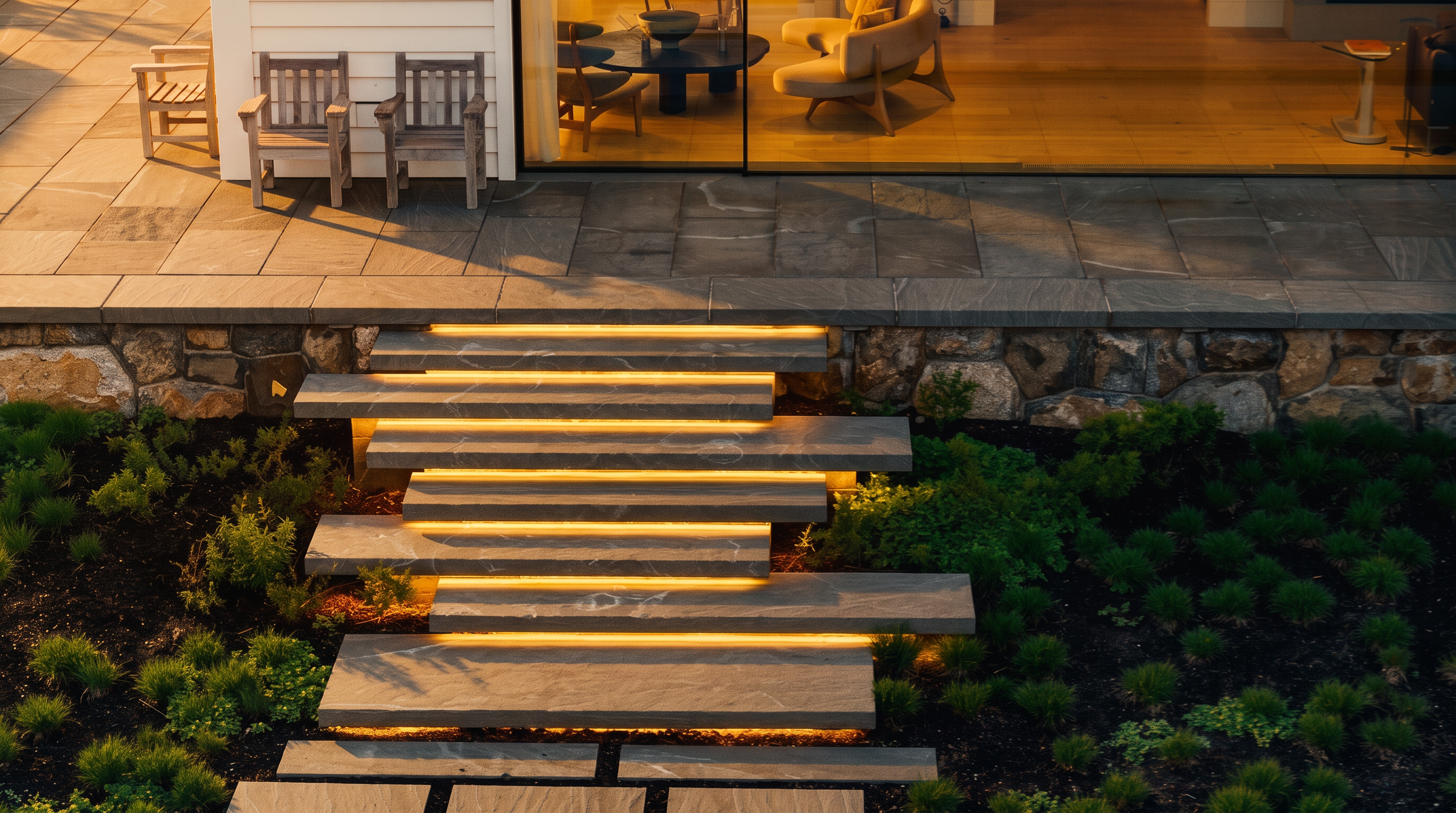 This high-angle shot captures a sophisticated outdoor living space featuring a stone-paved patio that transitions into a series of floating stone steps illuminated by warm, integrated LED lighting. The patio area is furnished with wooden chairs and overlooks a landscaped garden with dark soil and low-lying greenery. Through the large glass sliding doors, a glimpse of a modern interior living space with light wood flooring and contemporary furniture is visible, creating a seamless indoor-outdoor connection.